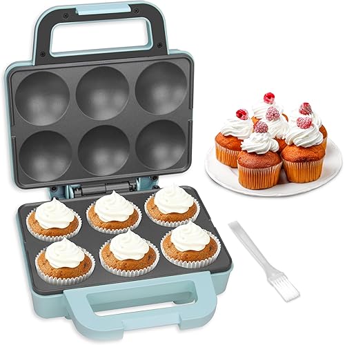 6-Count Cupcake Maker Machine, Bakes 6 X 2.5 Inch Cupcakes, Muffins, Pizza Cups, Cinnamon Buns, Cool-touch Handle, Non-stick Coating, Recipe Included, Aqua