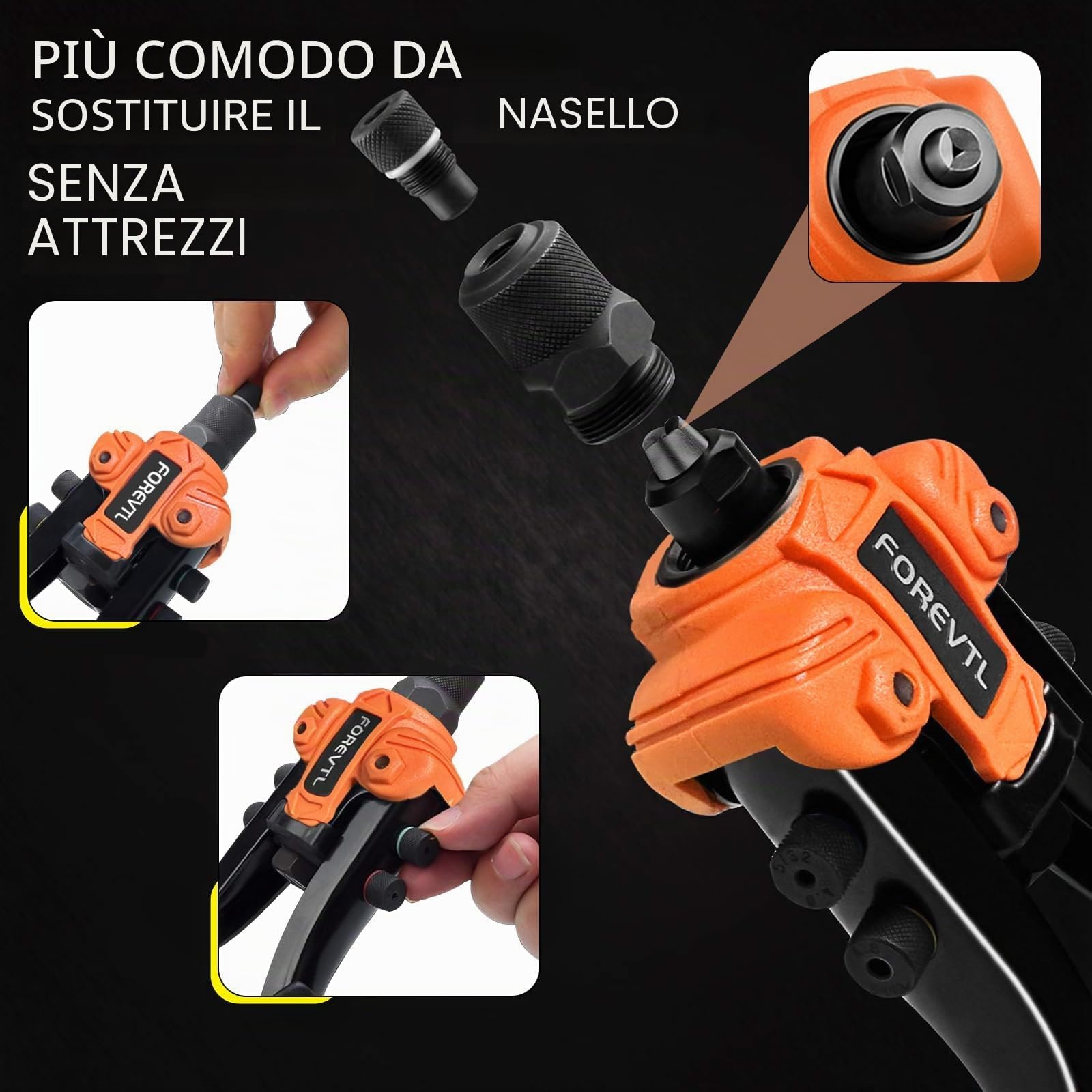 Set di pinze per rivetti da 10" con 200 rivetti per rivetti ciechi con rivetti ciechi da 6,4 mm a 2,4 mm, 5 bocchini intercambiabili, pistola rivettatrice professionale, set di pinze per
