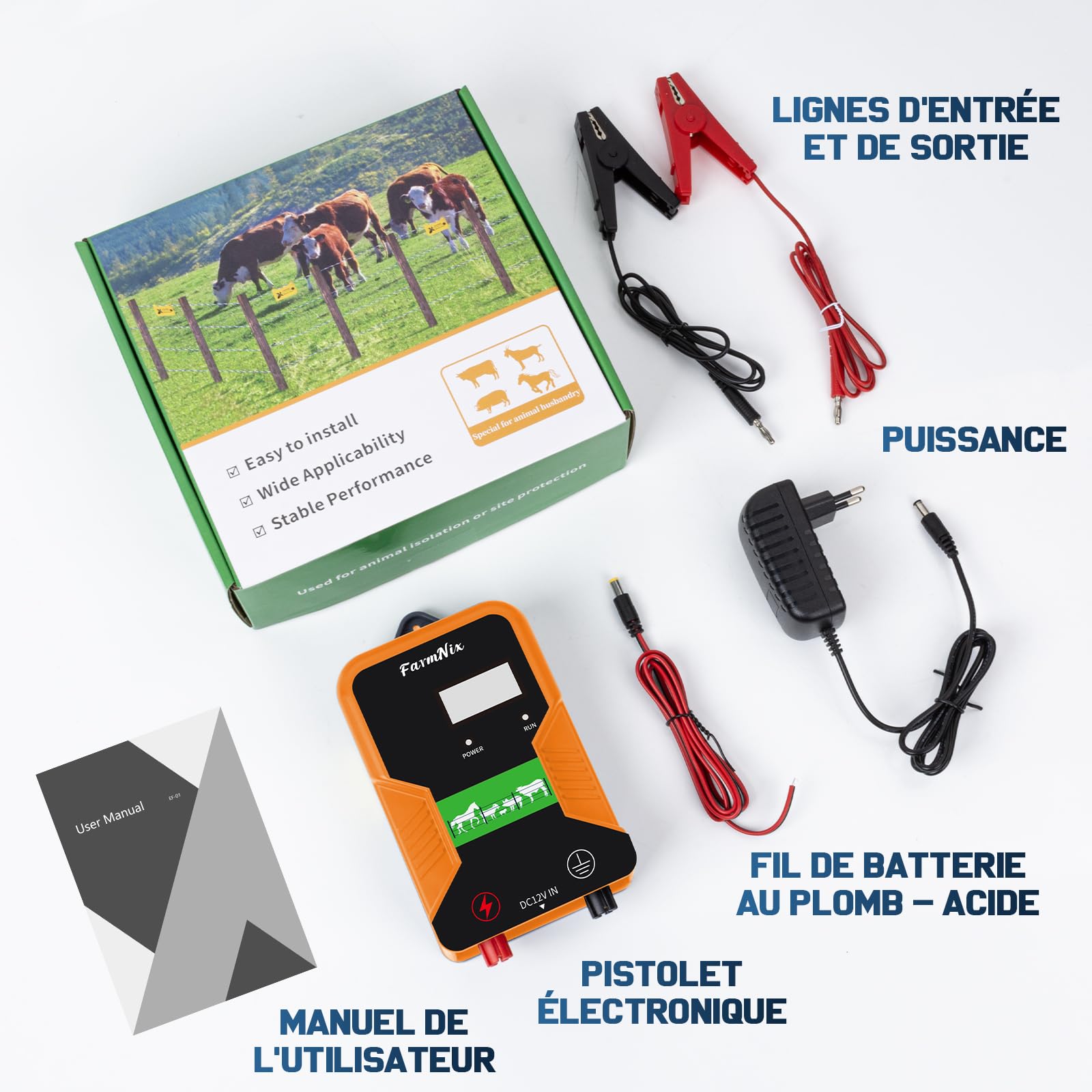 15KM Clôture Électrique pour Bétail Animaux, Électrificateur de Clôture Électrique, Haute Puissance 12V 2.0J 10 Miles, Protection pour Chevaux Bovins Vache Moutons Volaille Ferme Jardin Pâturages