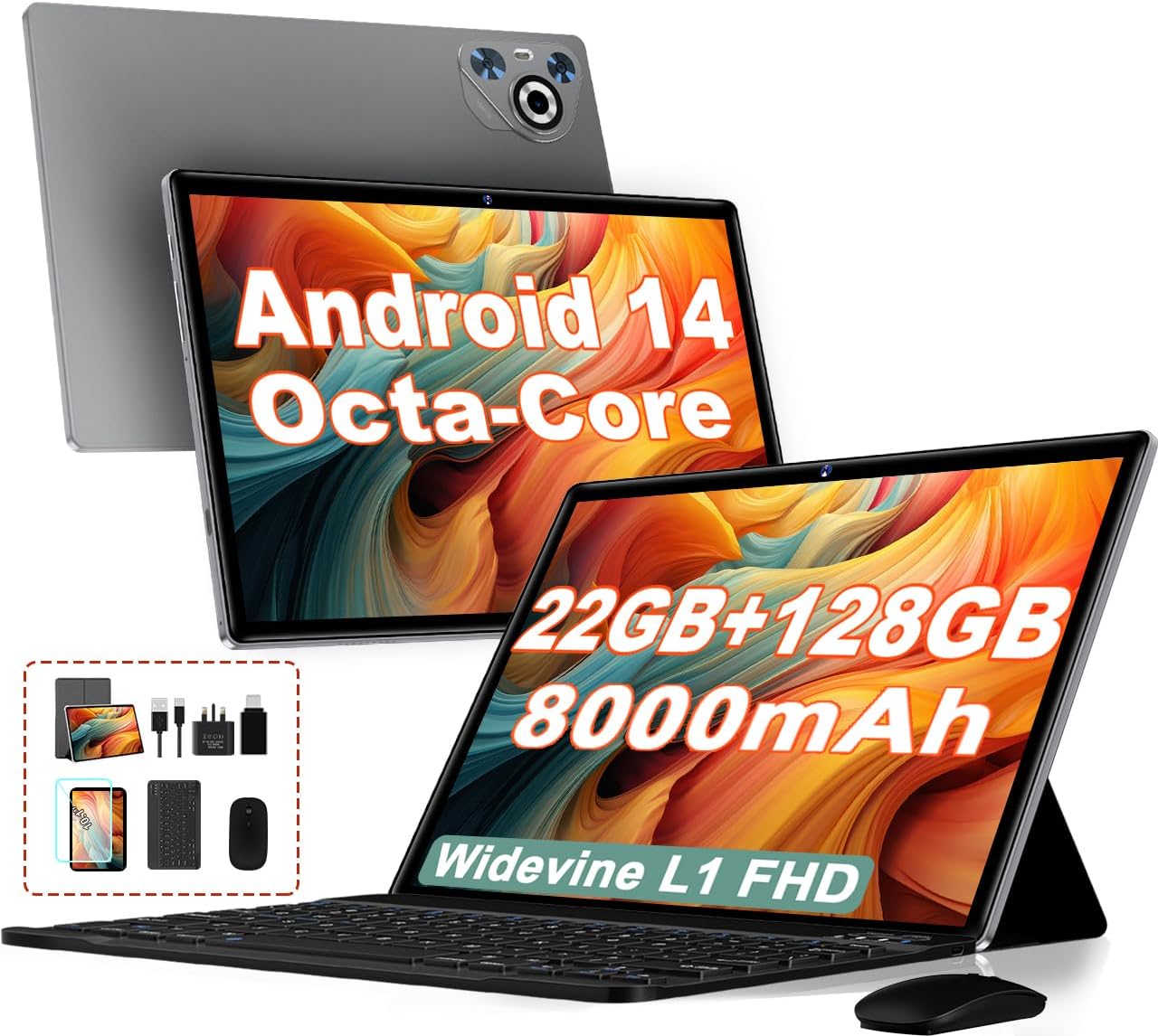 JVVQTB Tablets Android 14 10 Inch Octa Core 22GB RAM + 128GB ROM (1TB TF) | 5G + 2.4G WiFi | GPS| FHD | Bluetooth 5.0 | 8000mAh | 8MP + 5MP | Type C, Keyboard and Mouse-Light Black JVVQTB Tablets Android 14 10 Inch Octa Core 22GB RAM + 128GB ROM (1TB TF) | 5G + 2.4G WiFi | GPS| FHD | Bluetooth 5.0 | 8000mAh | 8MP + 5MP | Type C, Keyboard and Mouse-Light Black