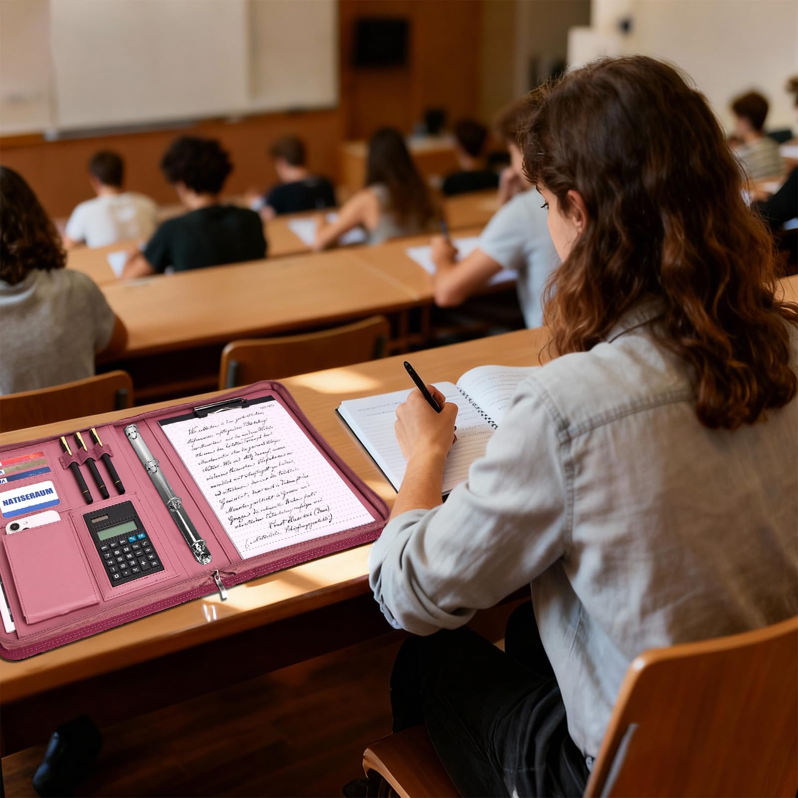 Leathario Schreibmappe A4 mit 5er Register DIN A4，Konferenzmappe mit 4 Ringbuch，Dokumentenmappe mit Reißverschluss，Griff，Klemmbrett,Ordner für Meeting, Business,Mappe für Schule, Uni