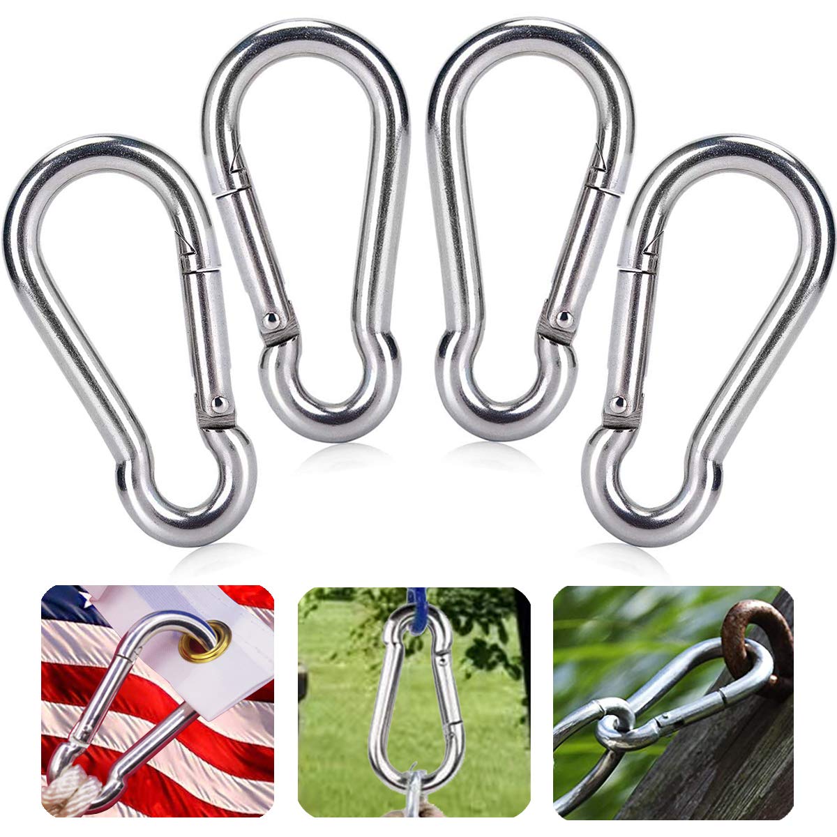 4 Pack Boat Flag Clips With Carabiner Clamp Universal Stainless Steel Grommet Flag Clip Multipul Use For Boat Flag Pole Rod Rail Diver Flag American Flag Whip Flags Boat Accessories