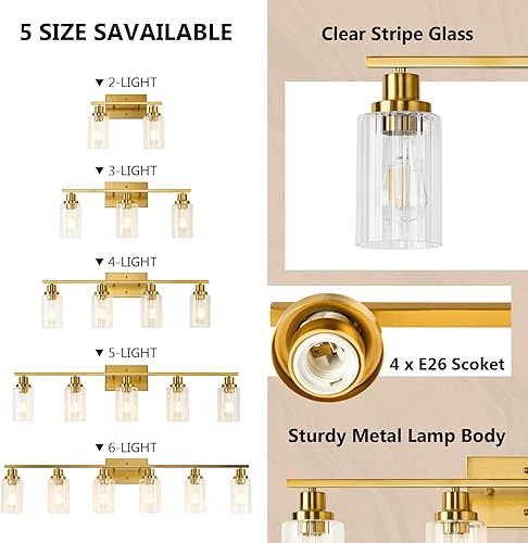 Vista 14 de Jonsi 3 luces de tocador de baño de oro cepillado con pantalla de vidrio estriado, luces de baño doradas modernas sobre espejo