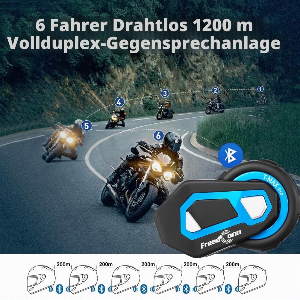 FreedConn T-Max Pro Motorrad Intercom für 6 Fahrer Gruppe, Helm Bluetooth 5.0 Headset mit Musik-Sharing, 570 mAh, 1000m Reichweite, IP65 Wasserdicht, FM Radio, Voice Prompt, Skifahren