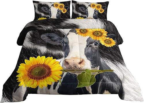 Miniatura 3 de BailiPromise Juego de edredón de vaca y girasol con estampado de animales de granja juego de ropa de cama con 1 edredón y 2 fundas de almohada para