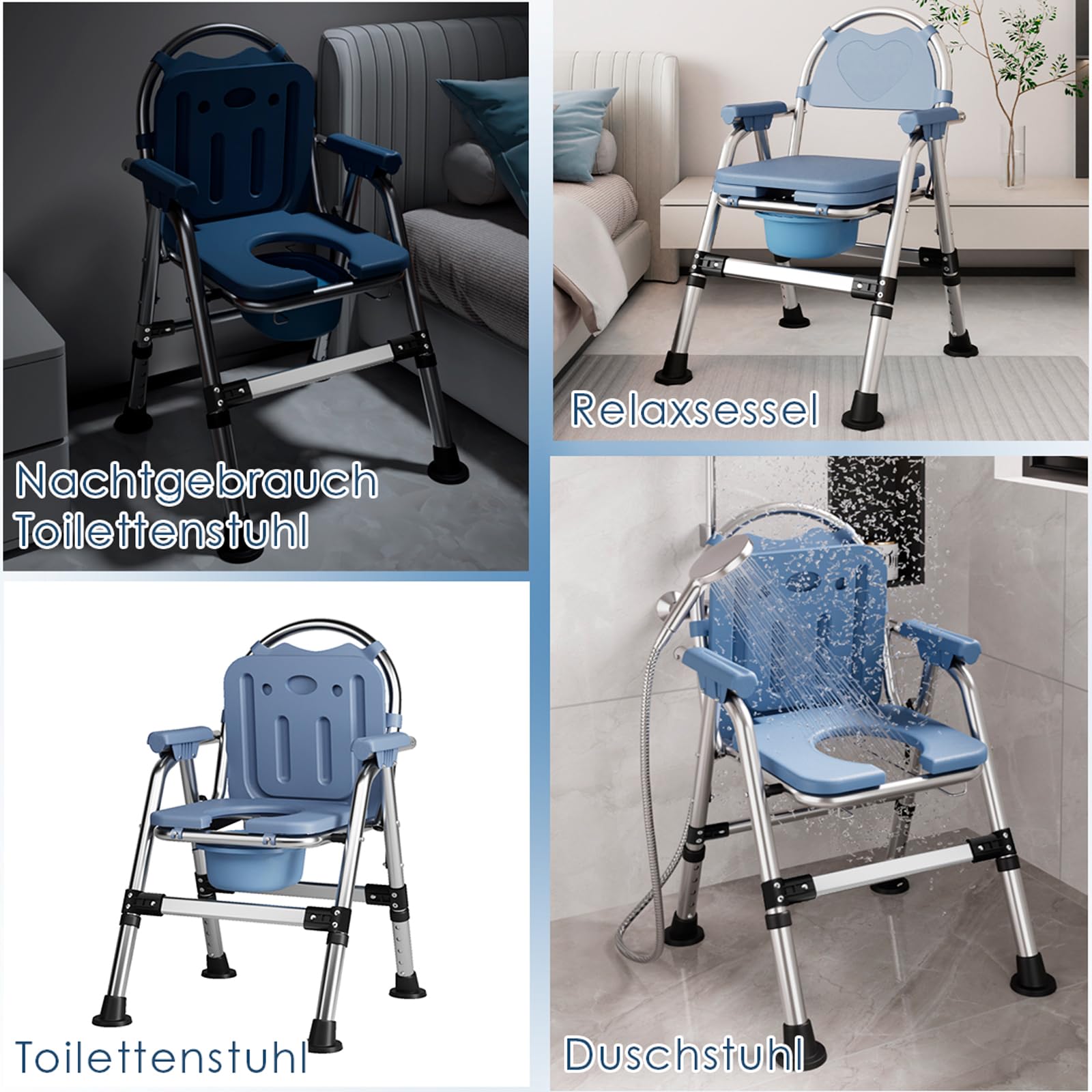 Toilettenstuhl für Senioren,Tragbar duschrollstuhl höhenverstellbar, WC Stuhl mit gepolsterter Sitzplatte und Toiletteneimer, Duschstuhl Klappbarer Stabil,Tragfähigkeit 200kg (CY-KJ6201)