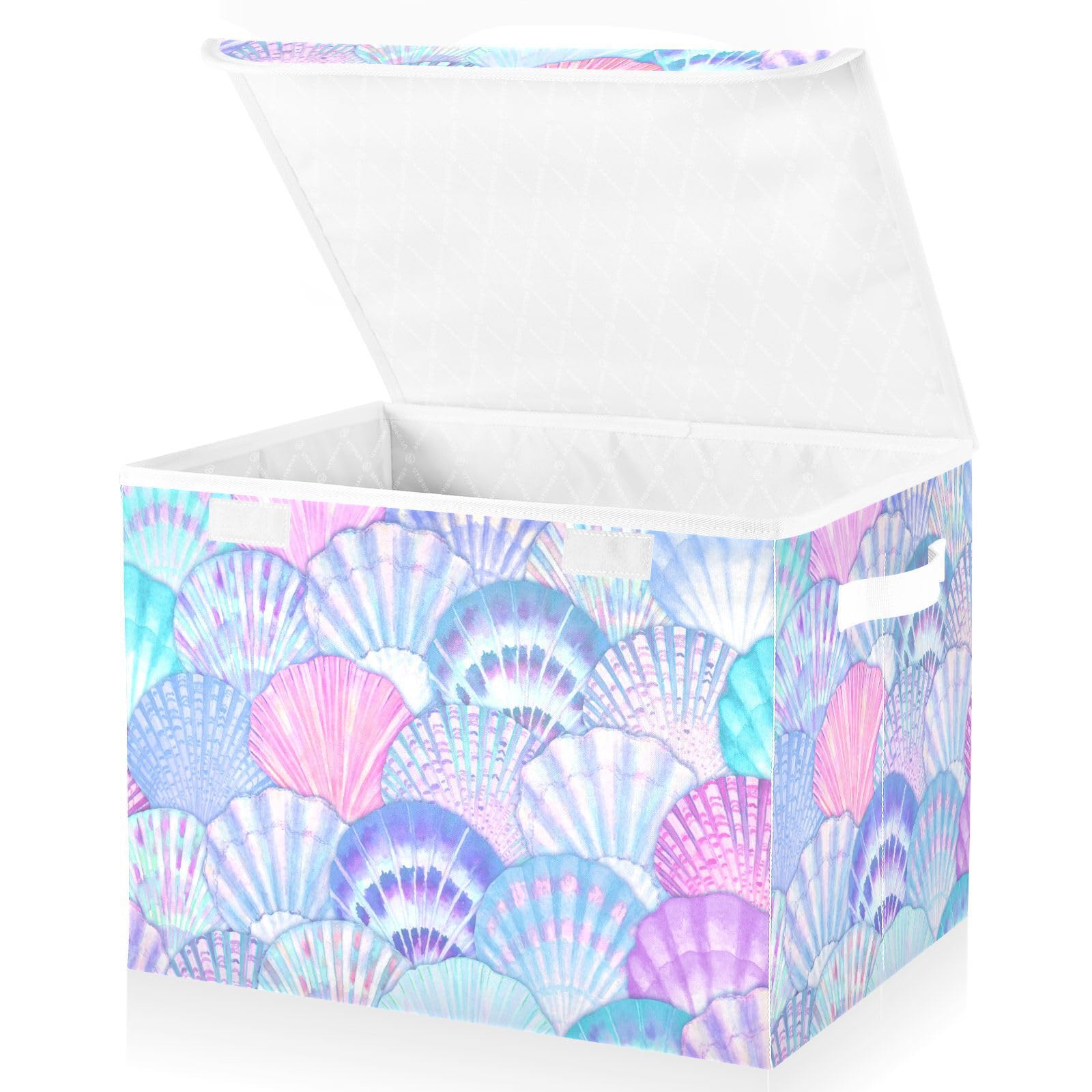 Mnsruu Beach Coastal Sea Shell Seamless Storage Boxes with Lids,Fabric Storage Boxes Baskets Containers Organizers for Toys,Clothes and Books
