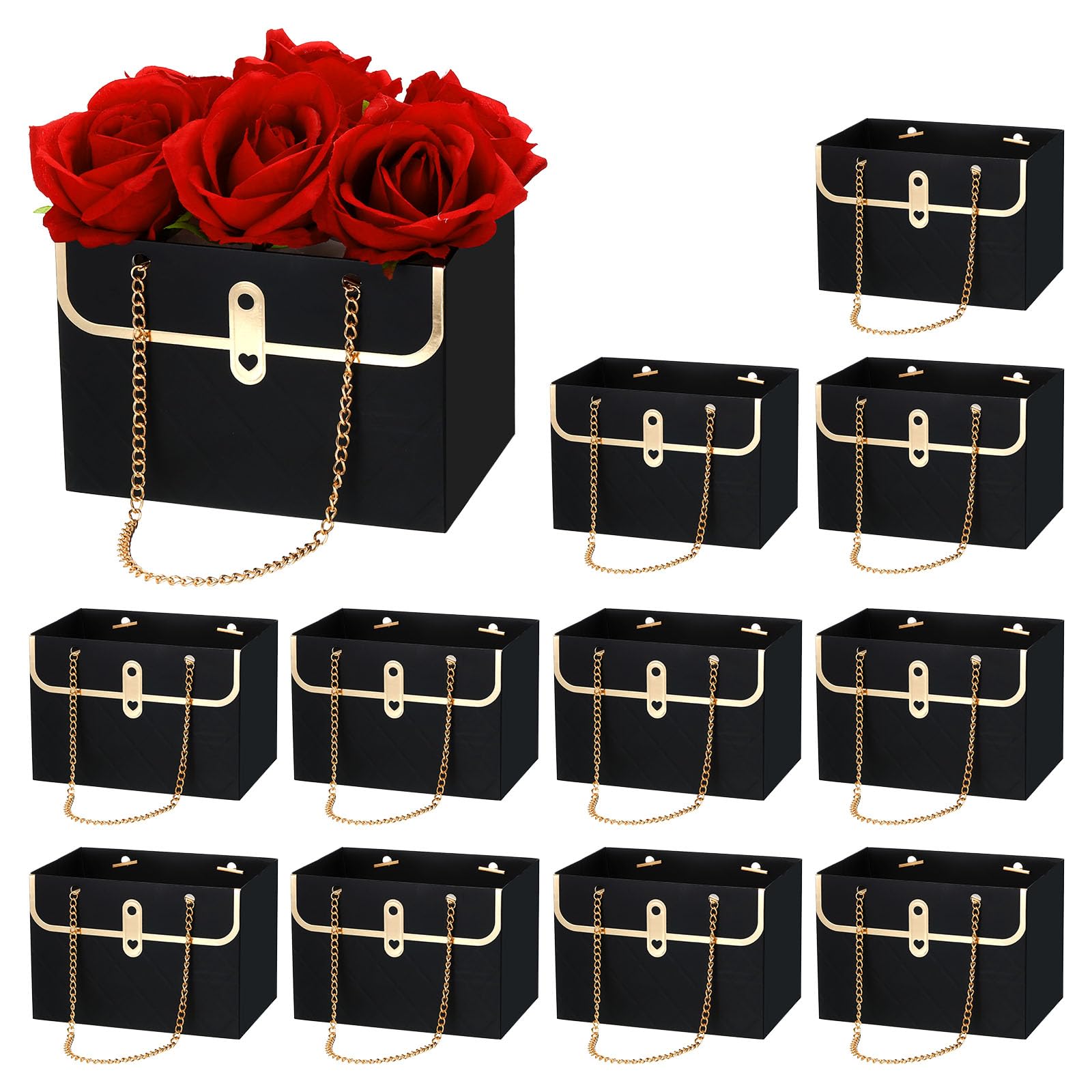 PATIKIL Paper Flower Gift Bags, 12 Pcs Paper Bouquet Flower Gift Bag with Handle Rectangle Metal Chain Tote for Florist Wedding Party Birthdays, Black