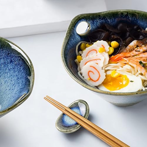 Miniatura 7 de UNICASA - Juego de cuencos de ramen japonés con palillos, cucharas y reposos, 20 onzas de porcelana profunda de fideos juego de 2 para Udon, Pho,