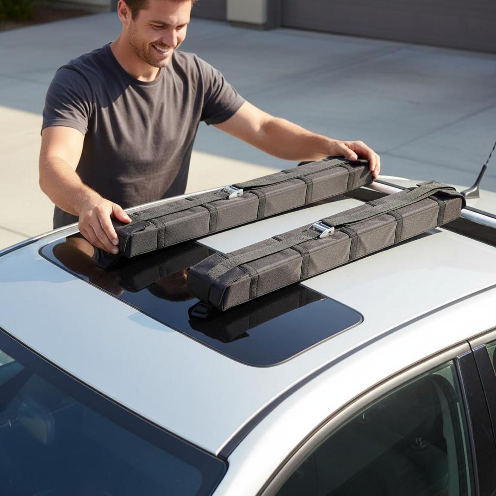 2 Stück Soft Dachträger Faltbarer Dachpolster Dachgepäckträger Dachpolsterauflage mit Oxfordstoff Und Stoßabsorbierender Einlage für Surfbrett Kajak Transport für Pendeln Kurztrips Freizeit