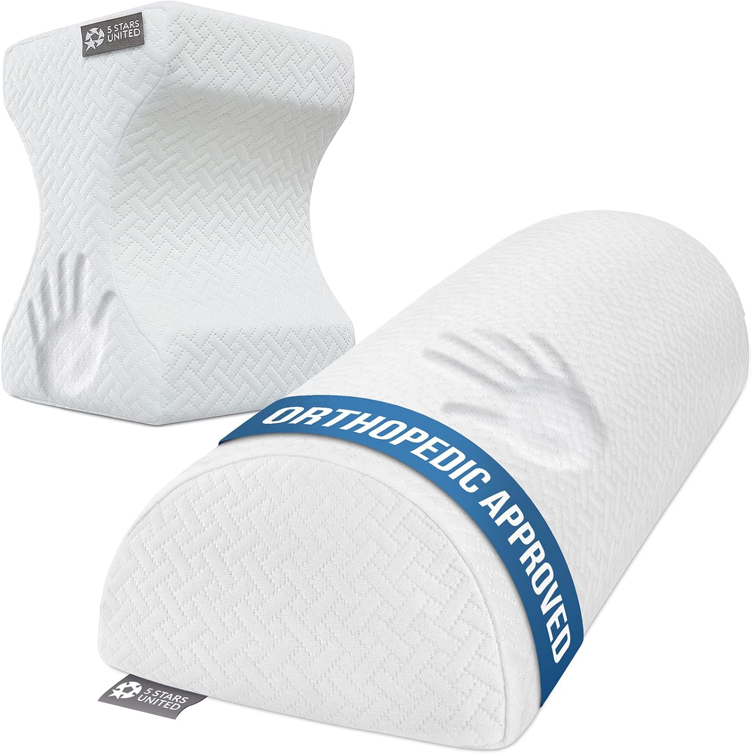 5 STARS UNITED Knee Pillow for Side Sleepers - Half Moon Bolster for Bed - Hip Pain Relief, Memory Foam Leg Cushion for Side Sleeping - Between Legs Pillow for Sciatica & Lower Back Pain, White