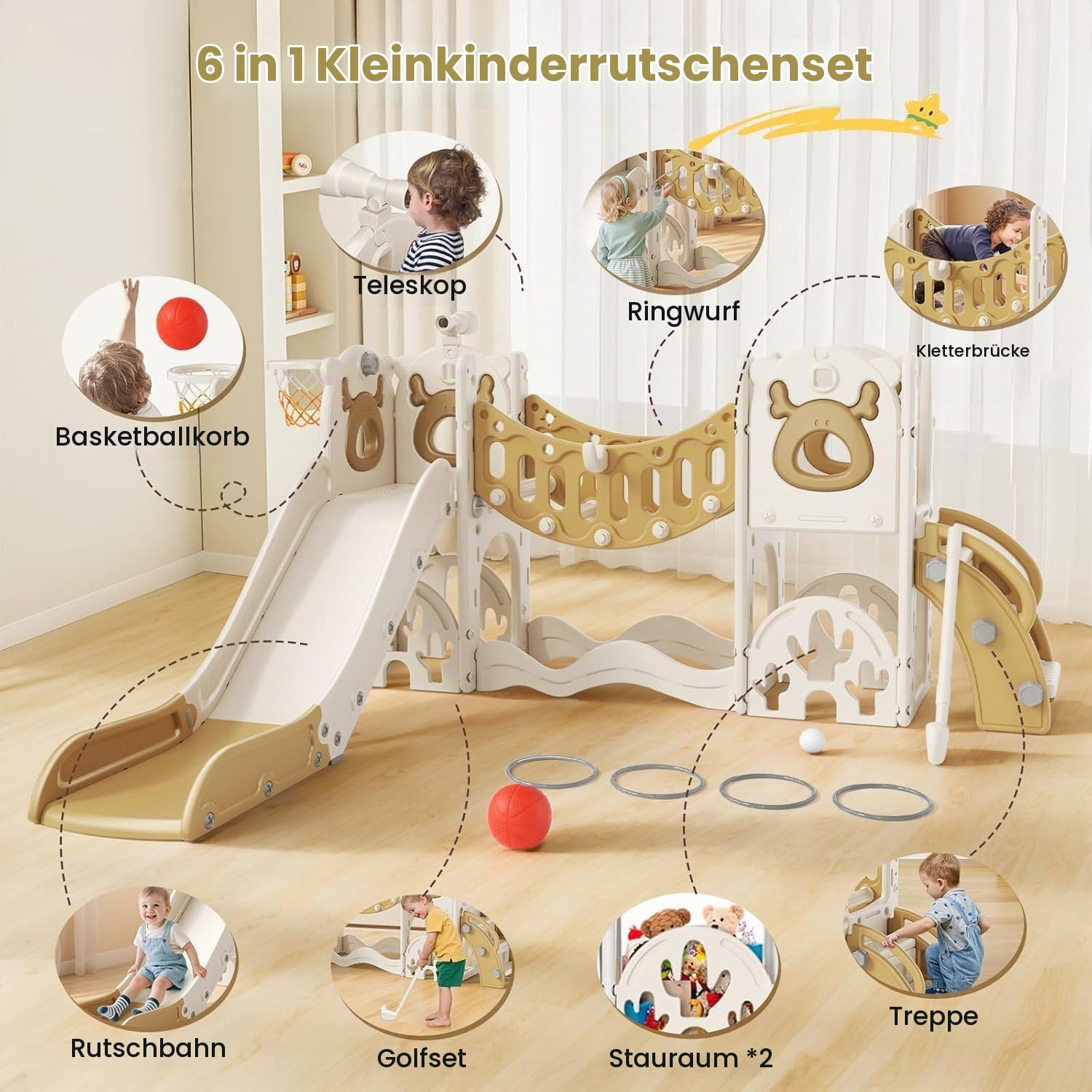 Kinderrutsche, große Kleinkind Rutsche mit Basketballkorb,Klettergerüst für den Garten, Teleskop, Stauraum, für 1-3 Jahre,extra Lange 1700 mm ((7-in-1 Elk Slide-Active-Modell (Khaki)))