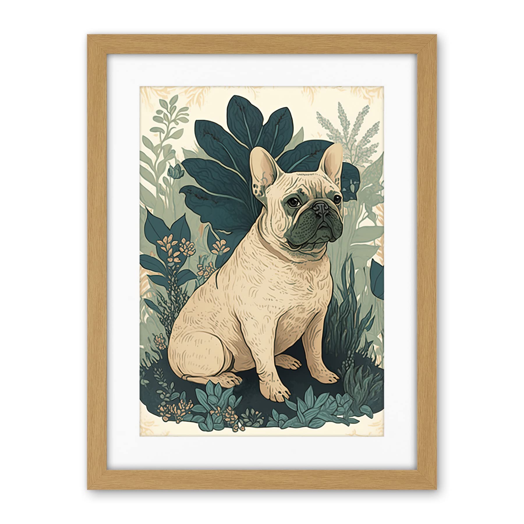 Artery8 French Bulldog and Tropical Plants Modern Pastel Colour Boho Illustration Artwork Framed Wall Art Print 18X24 Inch