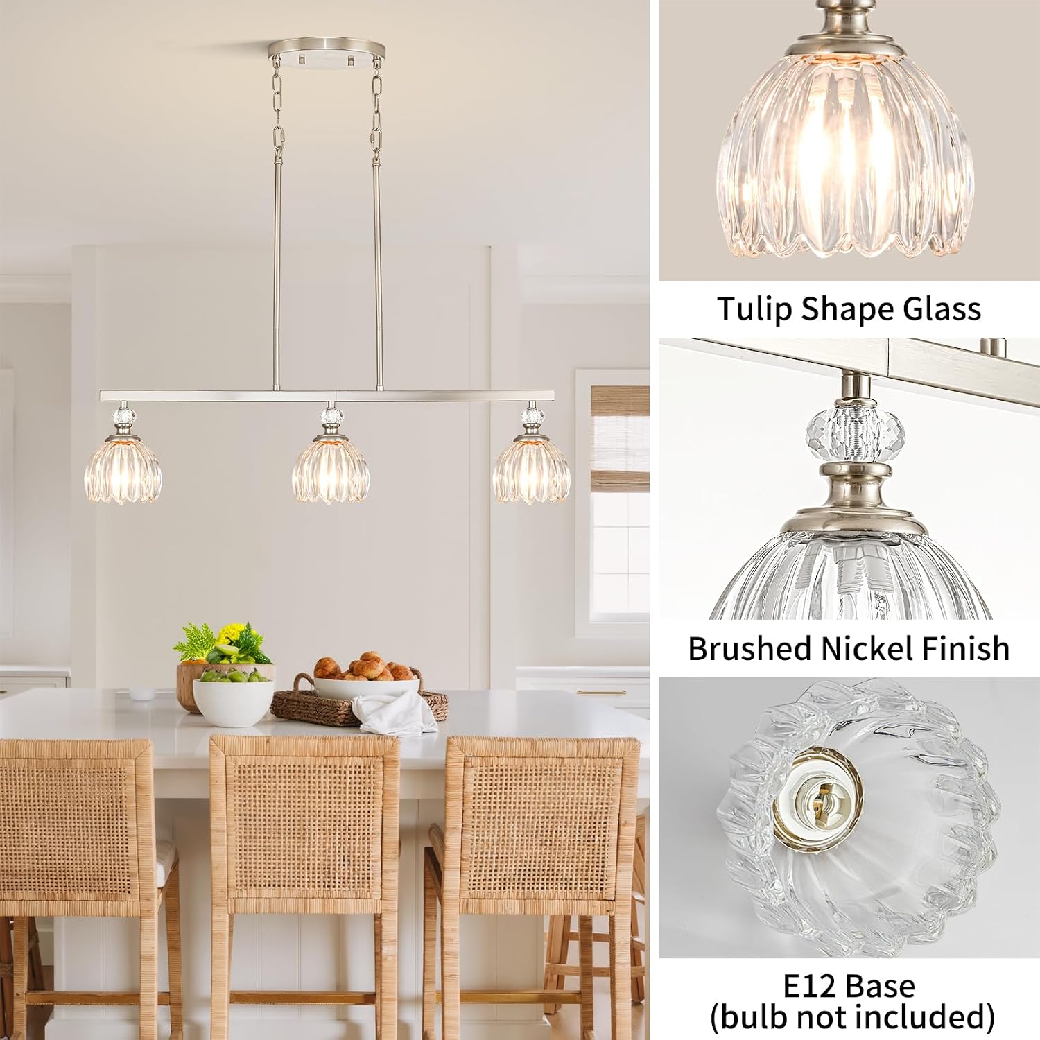 Brushed Nickel Island Light for Kitchen, 3-Light Linear Chandelier for Kitchen Island with Tulip Glass Shades, Brushed Nickel Finish Hanging Light Pendant Fixture Over Dining Table