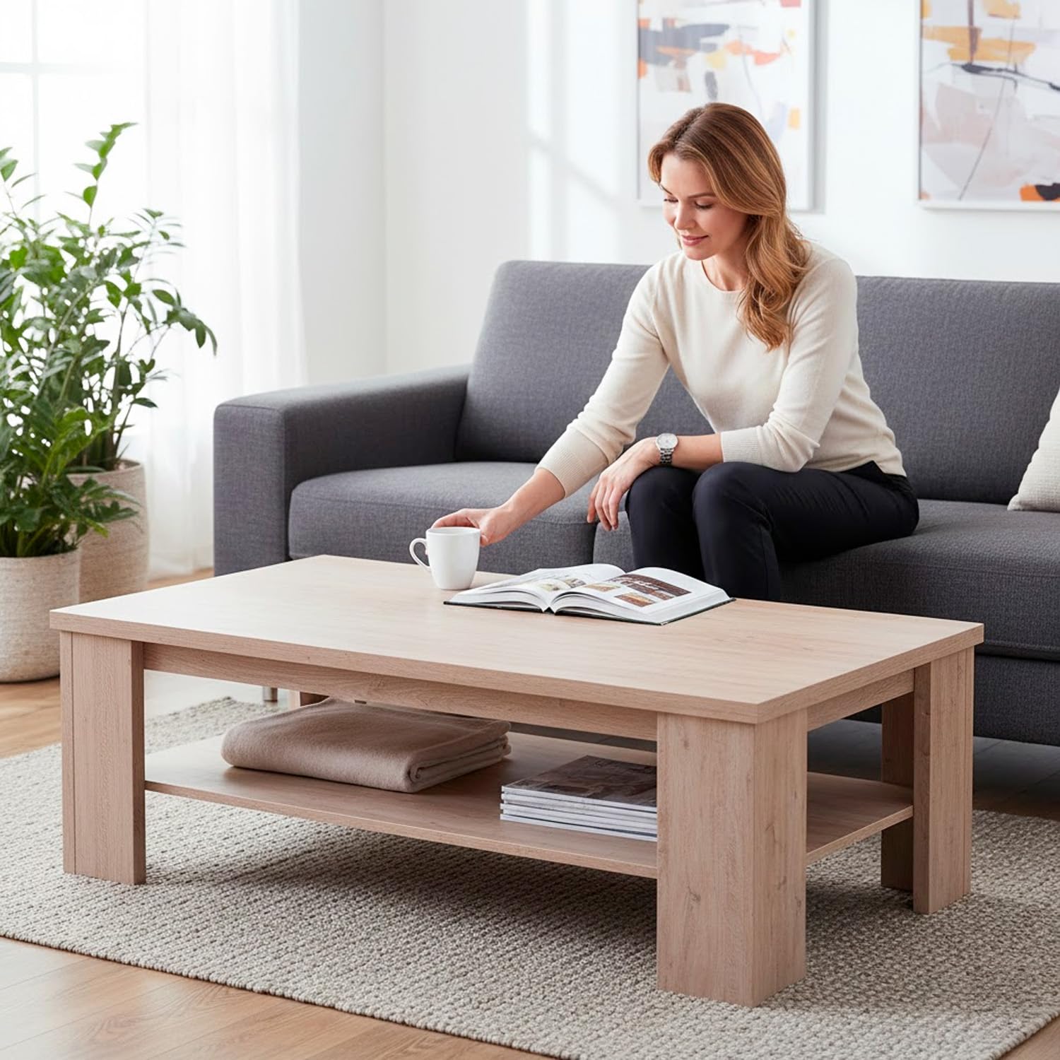 Arreditaly Tavolino Da Caffè Con Ripiano Inferiore E Vano A Giorno Tavolo Basso Moderno Design Elegante Minimal Per Soggiorno Salotto Zona Living Struttura Resistente 41 x 130 x 67 Cm (Rovere Alaska)