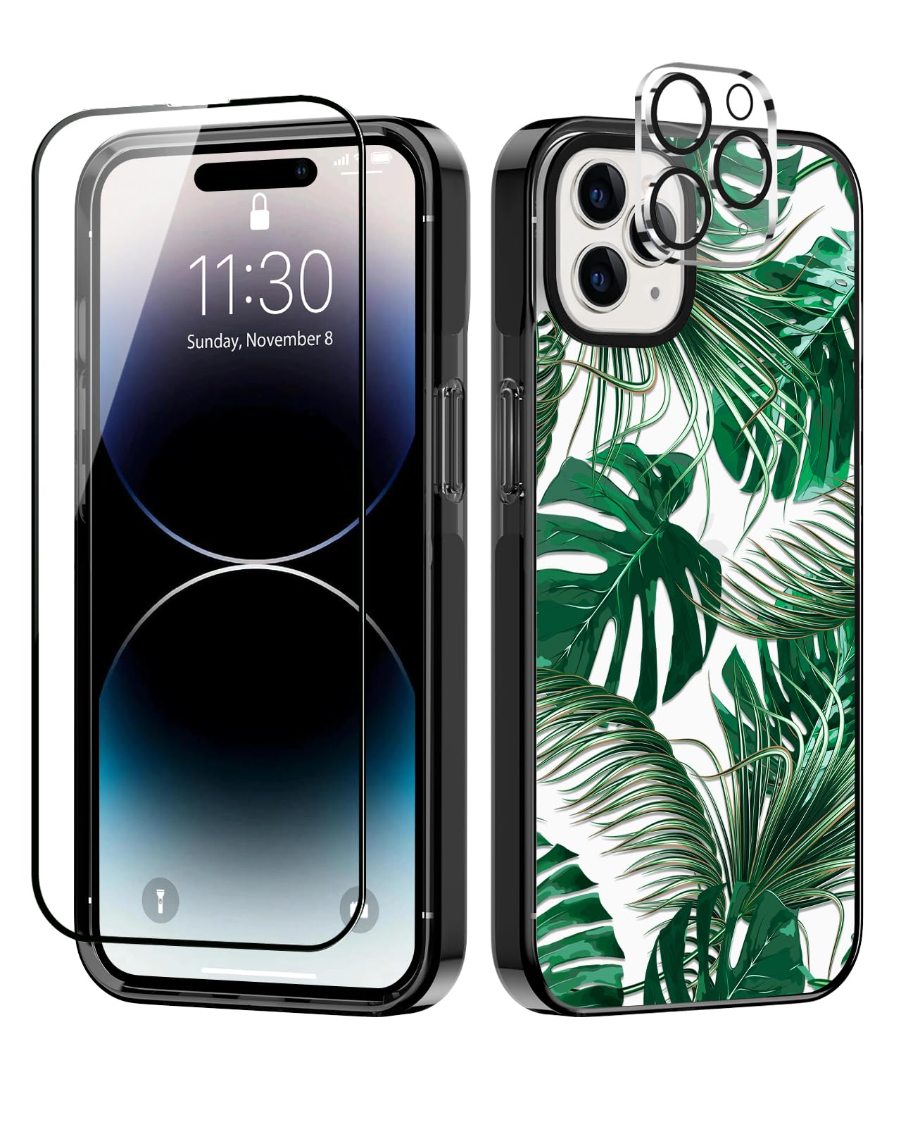 Designed for iPhone 14 Pro Max Case Green Tropical Palm Leaves Protective Phone Case Cover 6.7" Screen Protector + Camera Lens Protector【2X Military