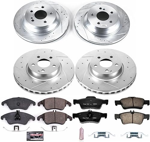 Miniatura 2 de Power Stop K7616 Pastillas de freno delanteras y traseras Z23 de fibra de carbono con kit de rotores de freno perforados y ranurados y 1 cable de