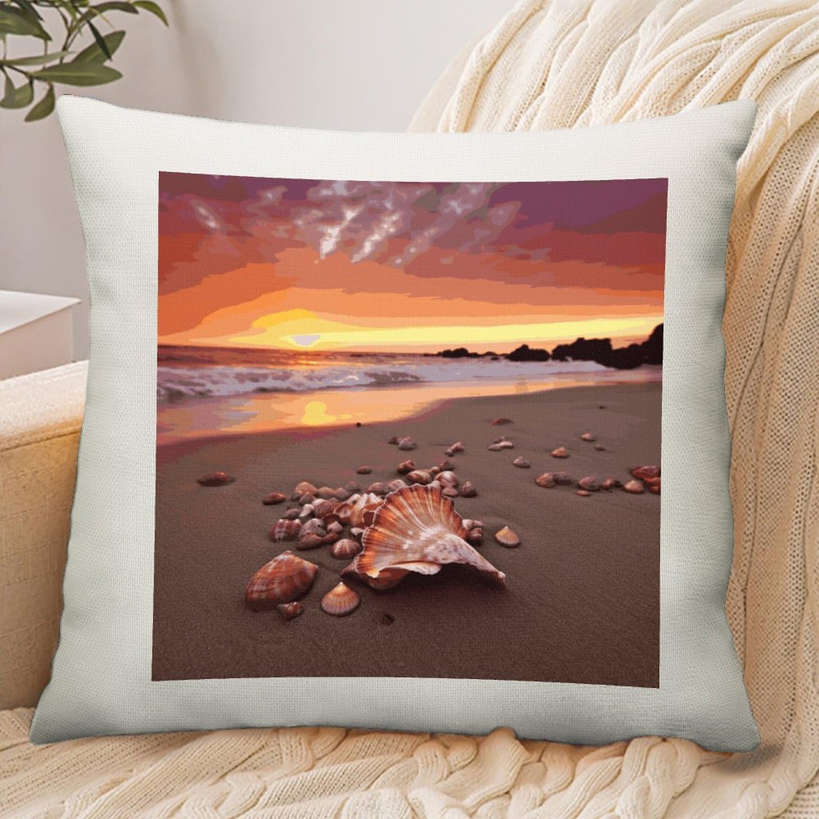 Adfgyerh Style Shell Beach Sunset Pillow Cover Breathable,Pillowcases Boho Decorative Envelope Closure,Throw Pillow Covers For Beach,Patio,Balcony,Couch Living Room 18 * 18In
