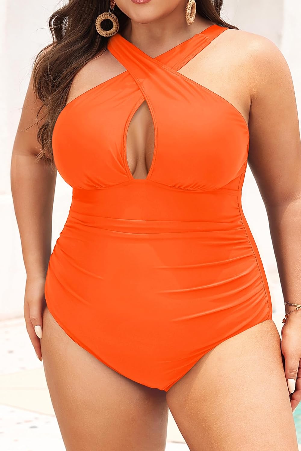 Daci Womens Front Cross Plus Size One Piece Swimsuits Tummy Control Keyhole Bathing Suits Swimwear - Image 3