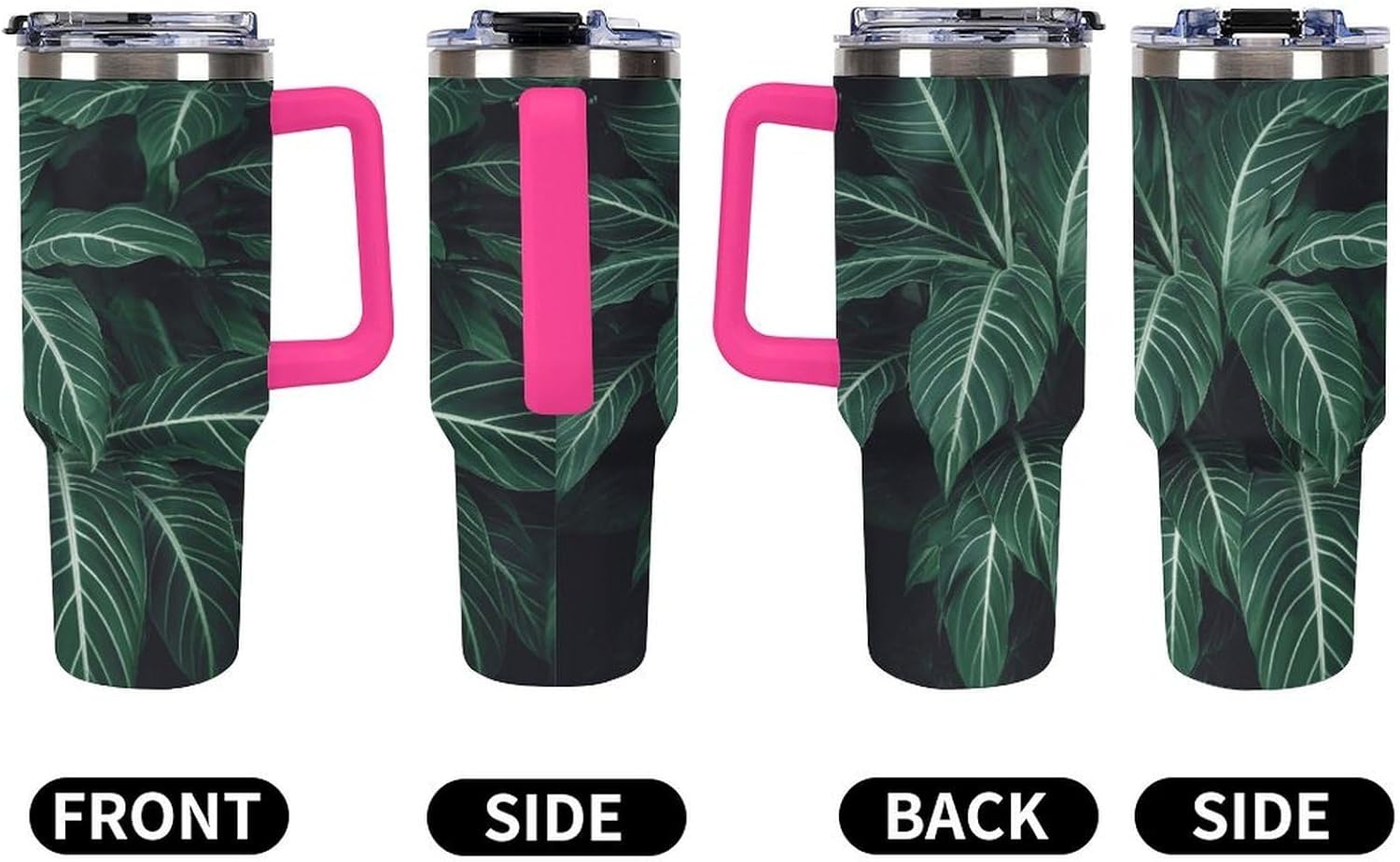 Large Car Cup with Handle&Lid Fashion Green Long Leaves Tumbler Sturdy Insulated Water Bottle Stainless Steel Vacuum Travel Mug Portable Coffee Cup for Home Outdoor 40 Oz Light Rose Red-style