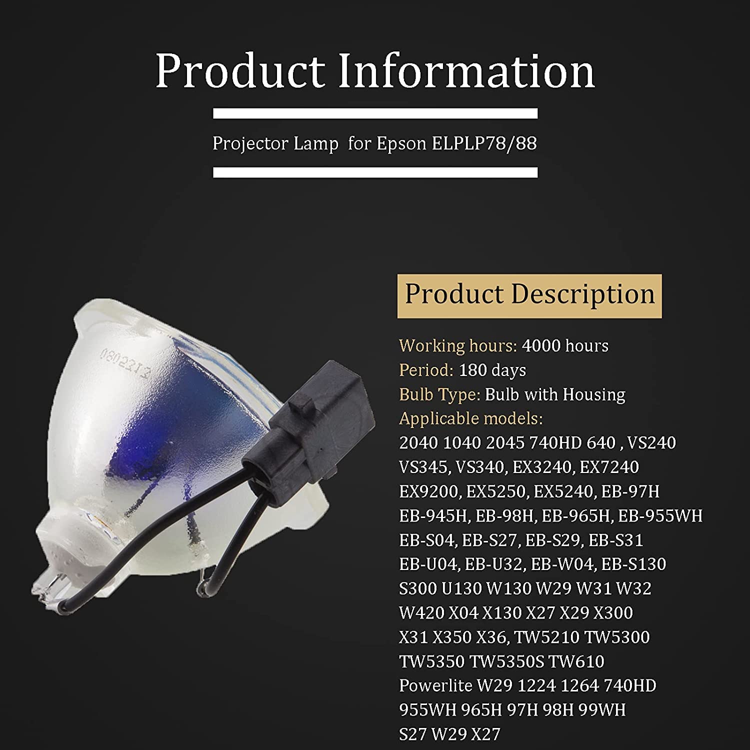 COOBAN ELPLP88 /V13H010L88 Replacement Projector Lamp Bulb with Housing for Epson PowerLite Home Cinema 2040 /PowerLite Home Cinema 2045 1040 2045 740HD 640, EX7240 EX3240 EX9200 VS240 H719A EB-U04