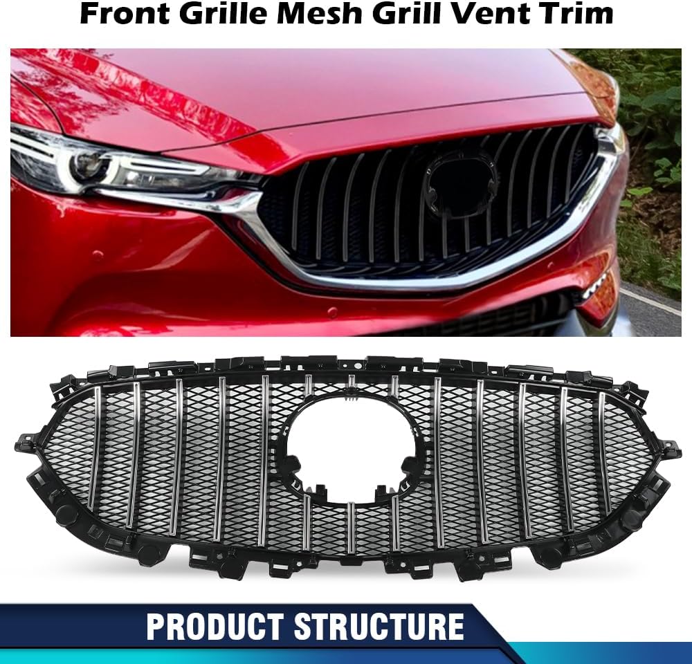 PIT66 Front Upper Grille Mesh Grill Vent Trim Bar Compatible with Mazda CX-5 CX5 2017 2018 2019 2020 2021