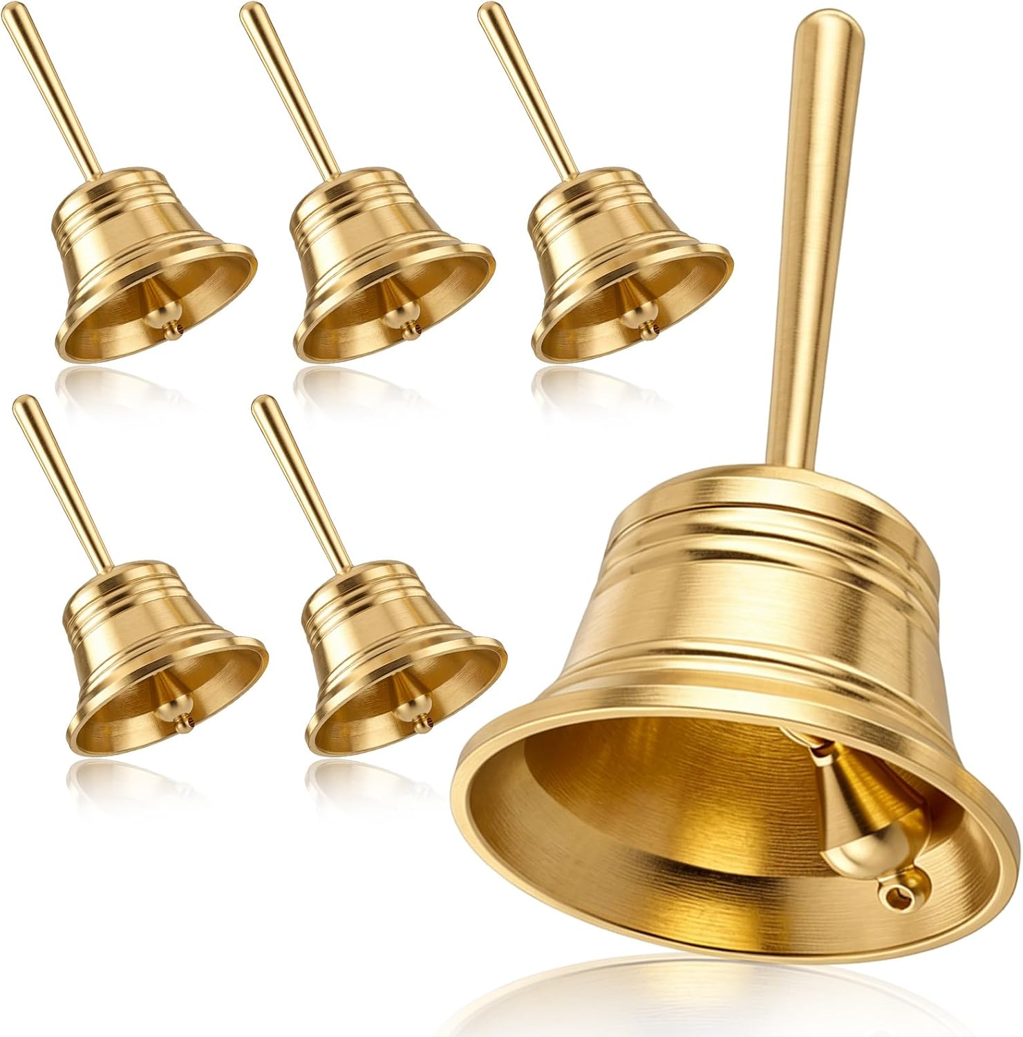6 Pack Brass Hand Call Bell for Seniors, Bedside, Teacher, Dinner, Wedding, Meditation, Yoga, Tibetan Puja, Classroom, Service, Attention, Celebration, Mini Loud Solid Brass Bells