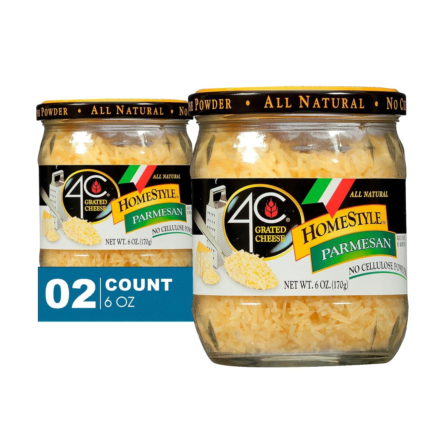 4C 2-Pack of Homestyle Parmesan Premium Grated Cheese, All Natural, No Preservatives 6oz Glass Jar