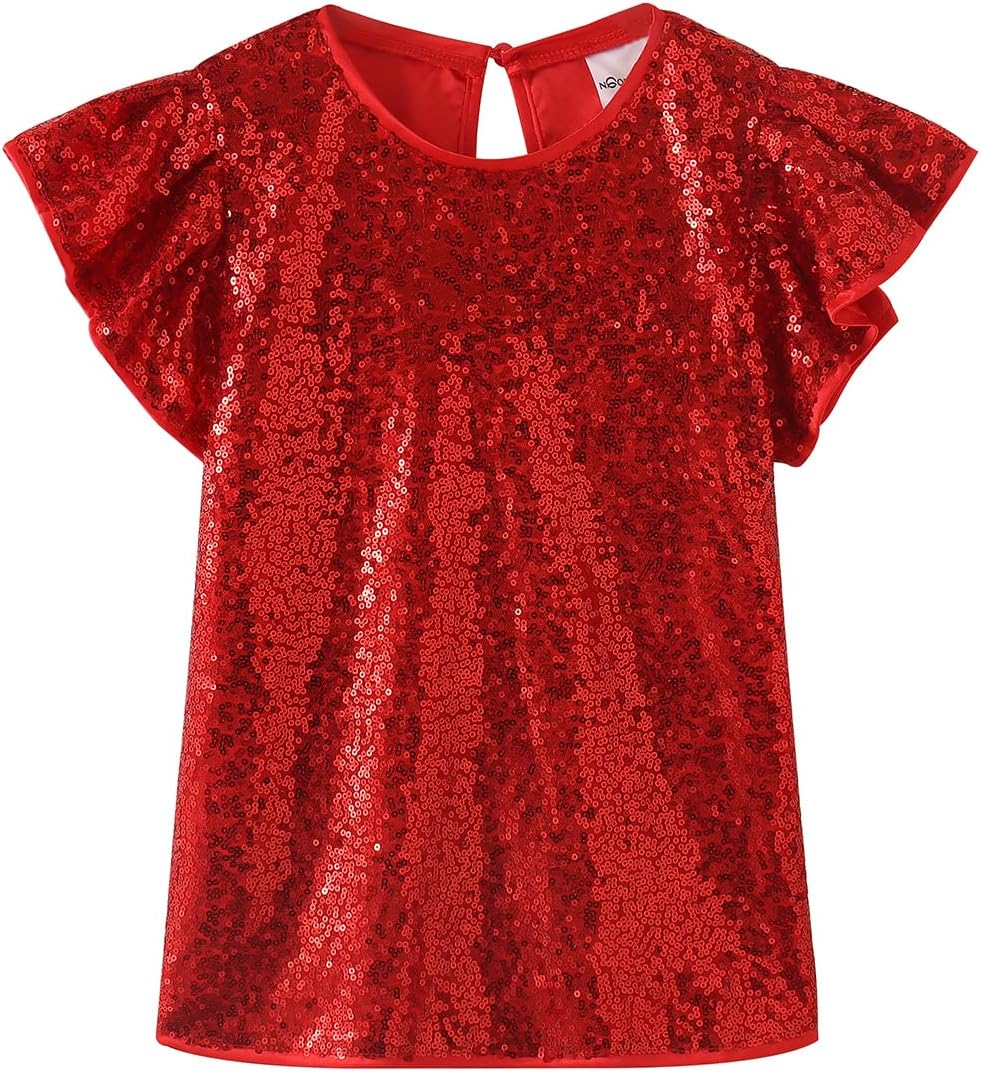 Noomelfish Girls Short Sleeve Sequin Shirts Party Glitter Sparkly Tops Blouse (5-12 Years)