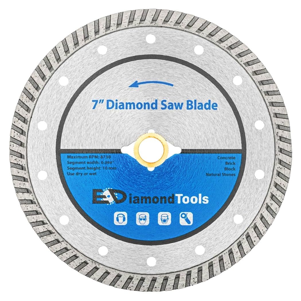 7" Turbo Diamond Saw Blade for Concrete, Brick, Block and Masonry, 10mm Segment Height, 2.5" Cutting Depth, DM 5/8" Arbor