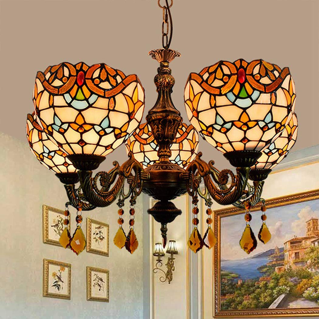 Żyrandol W Stylu Tiffany, Kreatywny Vintage Barokowe Szkło 3/5-Głowice Lampa Wisząca, Jadalnia Bar Kryształowe Lampy Wiszące, 5 Świateł
