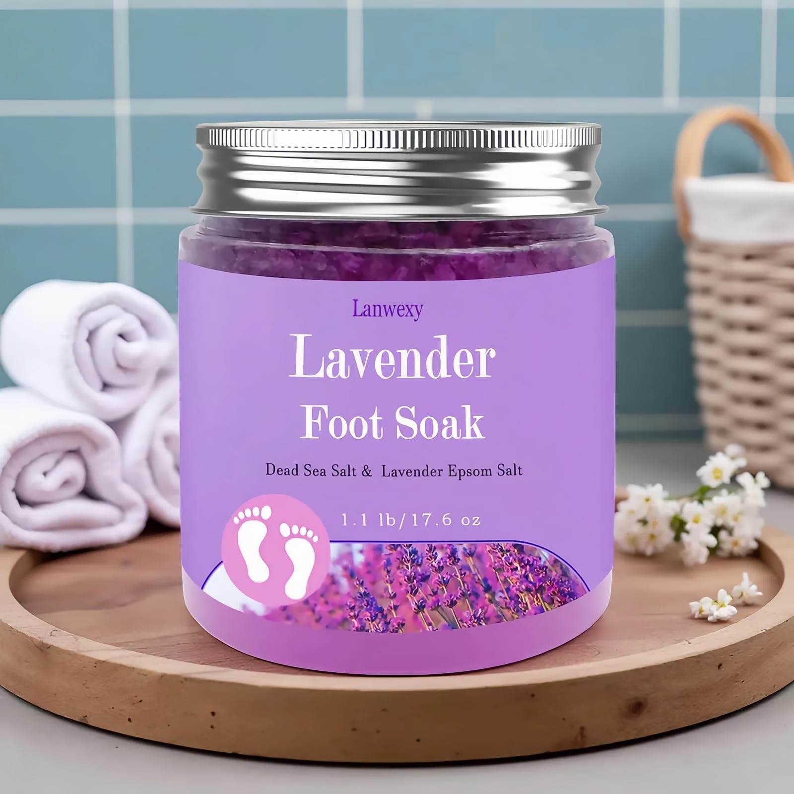 Remojar pies de lavanda con sal de Epsom y sal marina. Cuidado orgánico natural de pedicura de spa hecho a mano para callos de pies, agrietados secos, pies cansados, olor obstinado de los pies (1.1 6