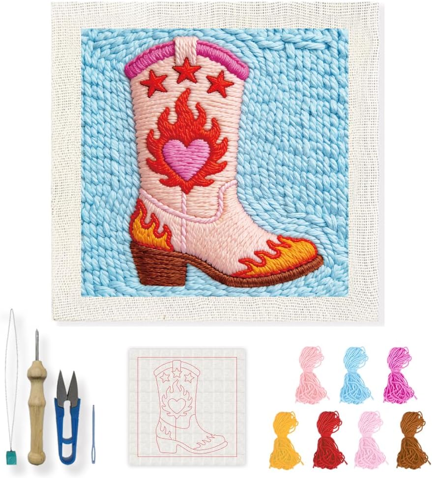 INFUNLY Cartoon Frog Punch Needle Embroidery Kit DIY Punch Embroidery Kit for Adults Butterfly Needlepoint Starter Kit 8.7" Round Needles Stitching Kit with Instruction for DIY Craft Lovers Gift