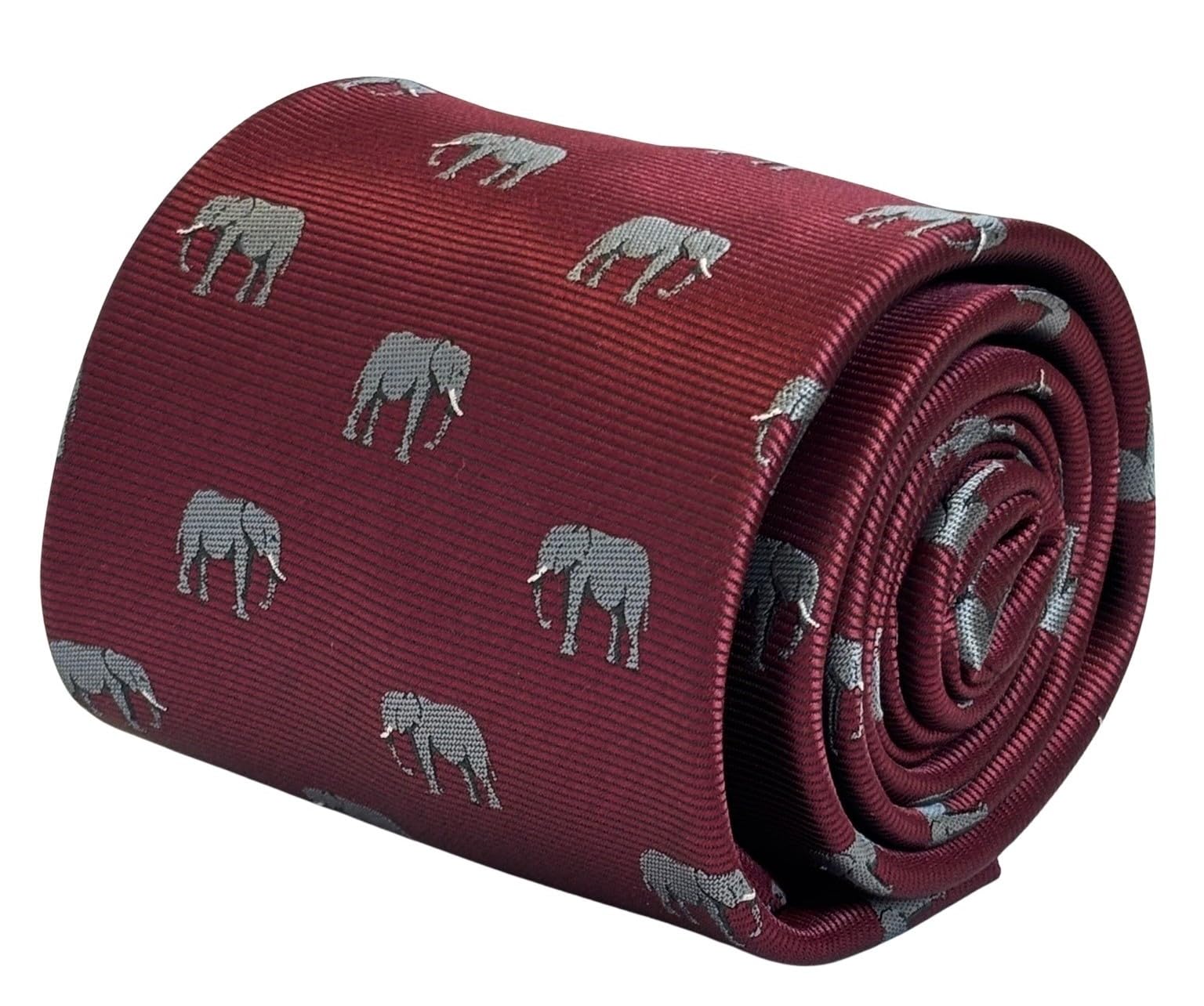 Frederick Thomas Men's Classic Burgundy Necktie, Grey Elephant Design, 8cm Width, UK Seller, luxury British design