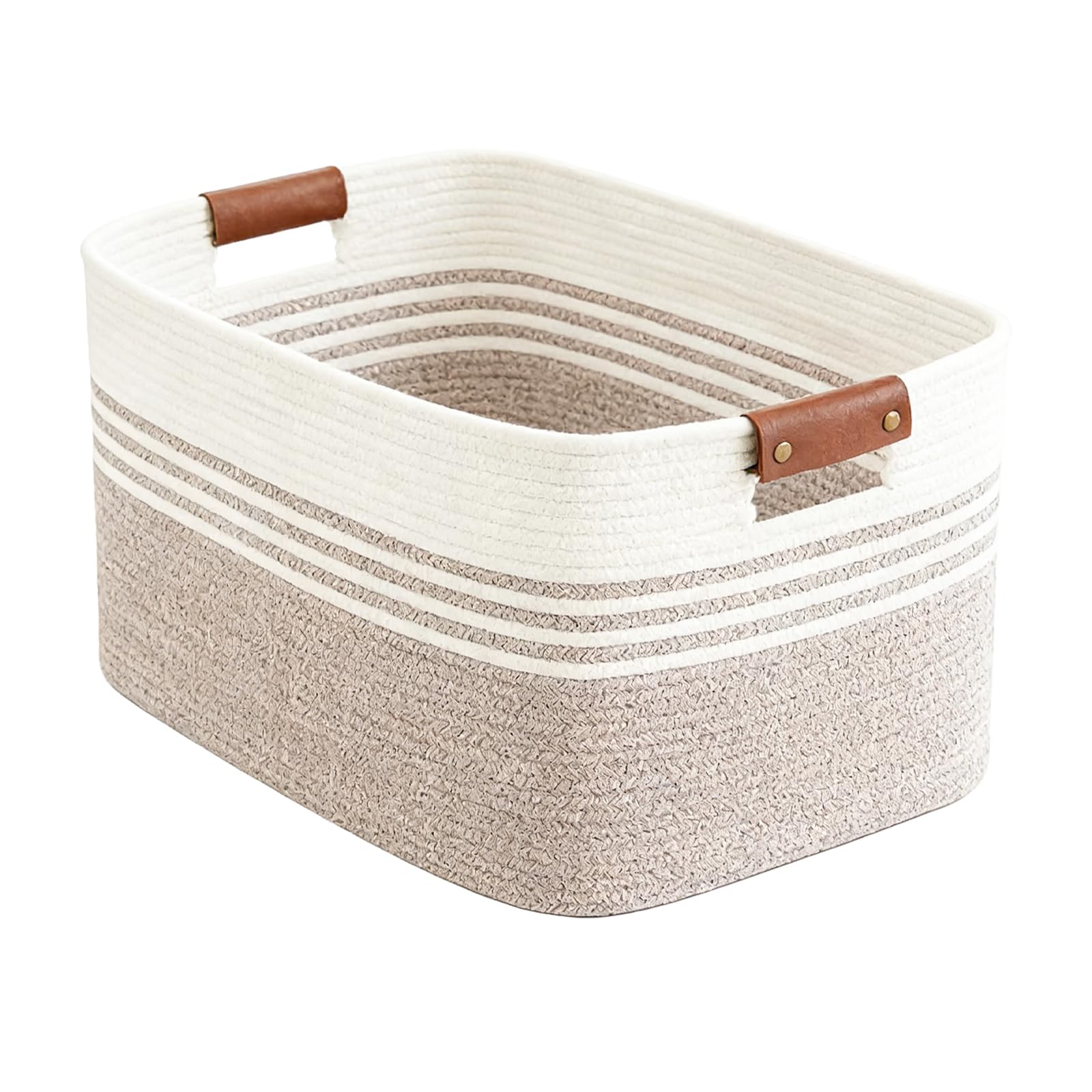 Cesto portabiancheria intrecciato piccolo in corda di cotone, 45 x 35 x 27 cm, con manici in pelle, cestino da 45 l, per cuscini, vestiti, peluche, biancheria/coperte (bianco e marrone)