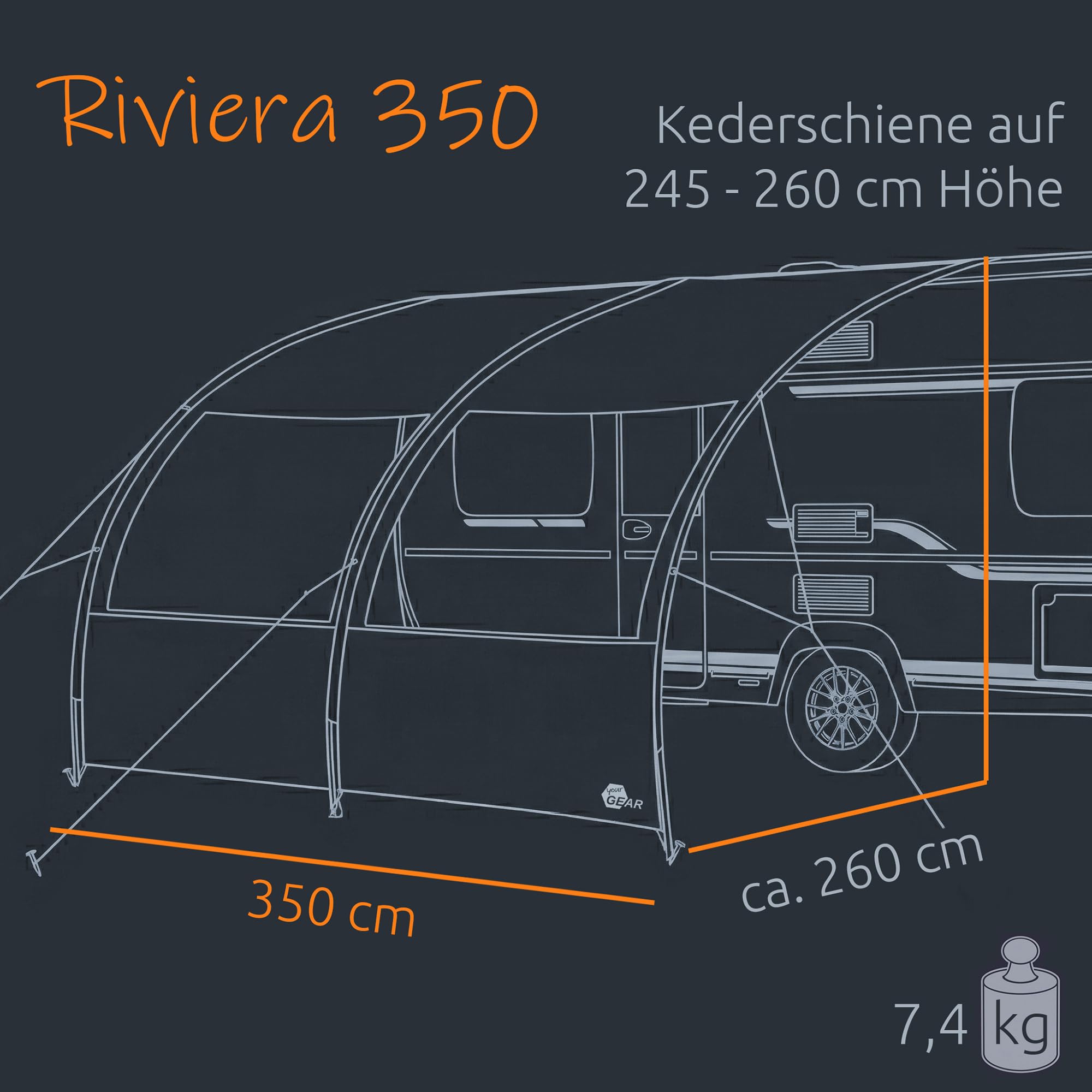 your GEAR Riviera - Vorzelt Vordach für Wohnwagen & Wohnmobil in 4 Größen mit 2m 2,5m 3m 3,5m Breite und 260 cm Tiefe. Sonnendach mit UV 50+, Panoramafenstern, 3000mm Wassersäule (3,5m Grau)