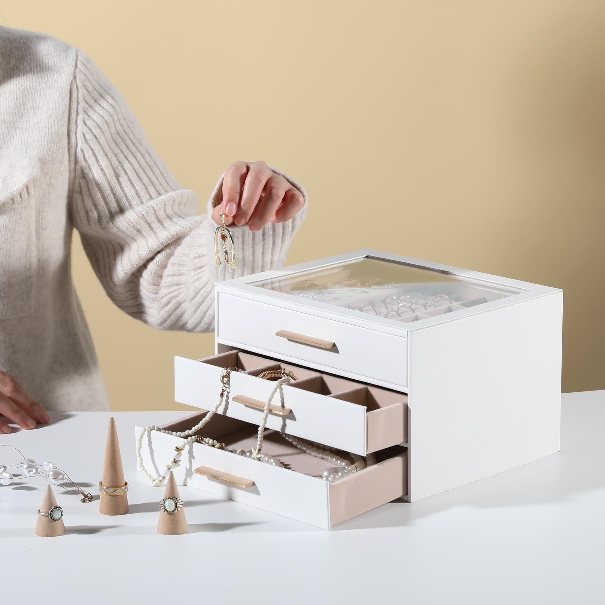 Frebeauty Jewelry Box with Clear Lid,Jewelry Organizer with 3 Drawer,PU Jewelry Organizers and Storage,Jewelry Boxes for Women,Earring Holder Organizer,Jewelry Storage(White)