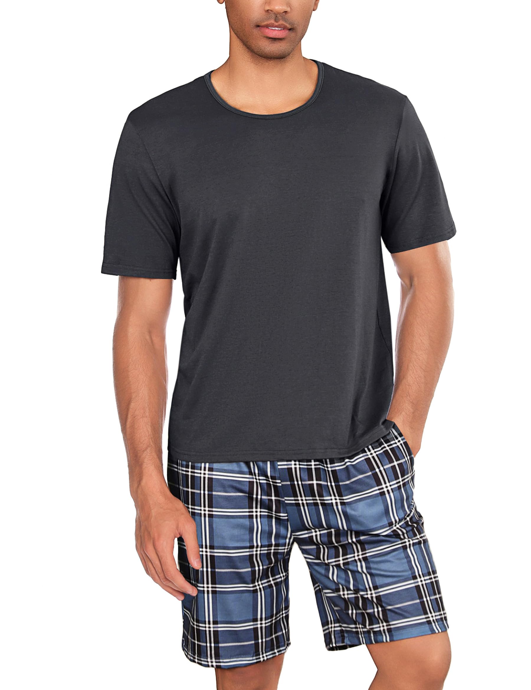 Uniexcosm Schlafanzug Herren Baumwolle Kurz Zweiteiliger Pyjama Set Nachtwäsche Kurzarm Oberteil und Karierte Schlafanzughose Hausanzug Sleepwear