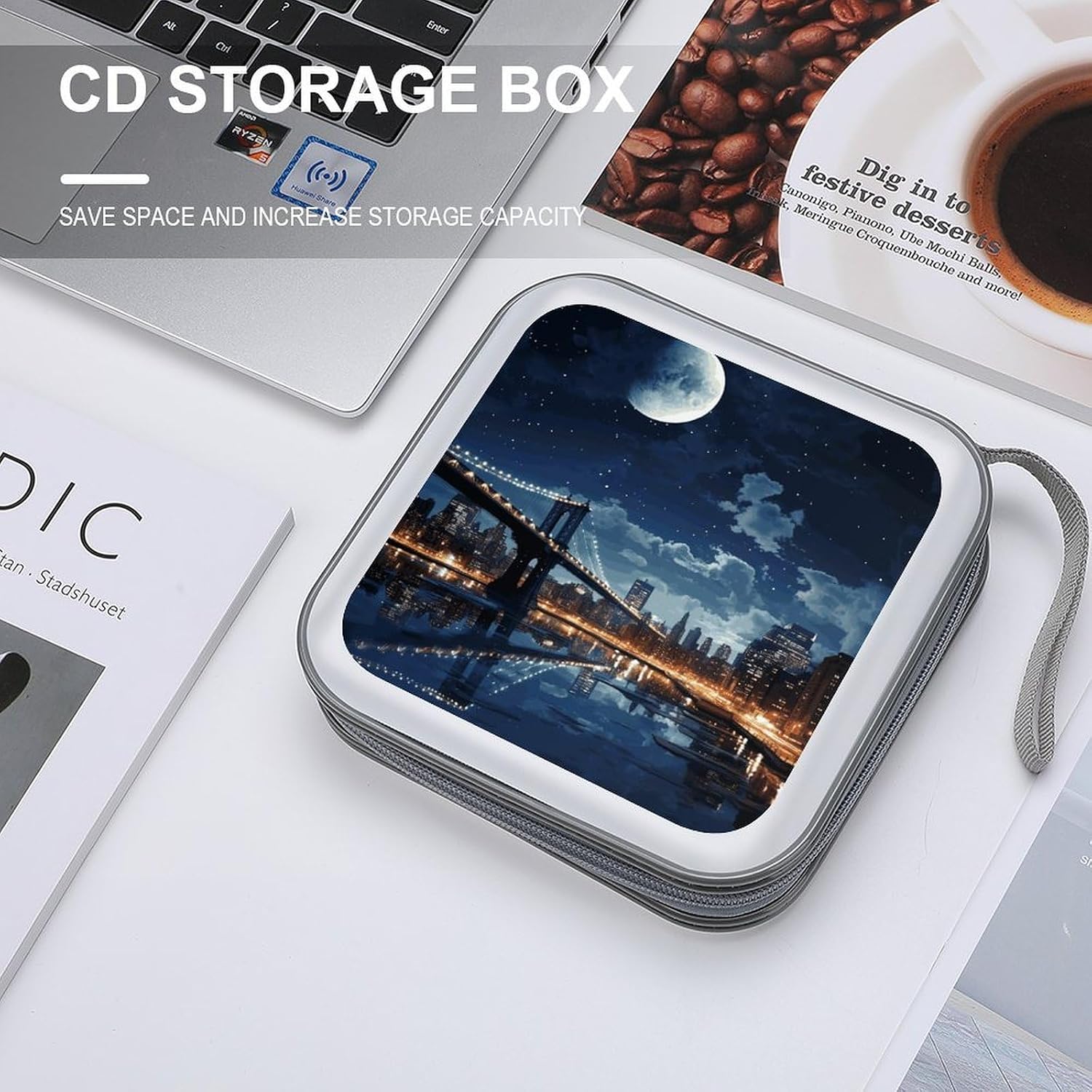 Moon Light New York City CD Case 40 Capacity CD Holder Organizer Portable Zipper DVD Collection Storage Bag Compact Cases Storage Binder Plastic Holder Disc Car Home Travel image 4