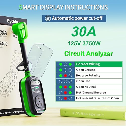 Miniatura 5 de EyGde Protector contra sobretensiones para autocaravana, 30 amperios, impermeable, mejorado, 8400 julios, para enchufe de 30 amperios, protección de