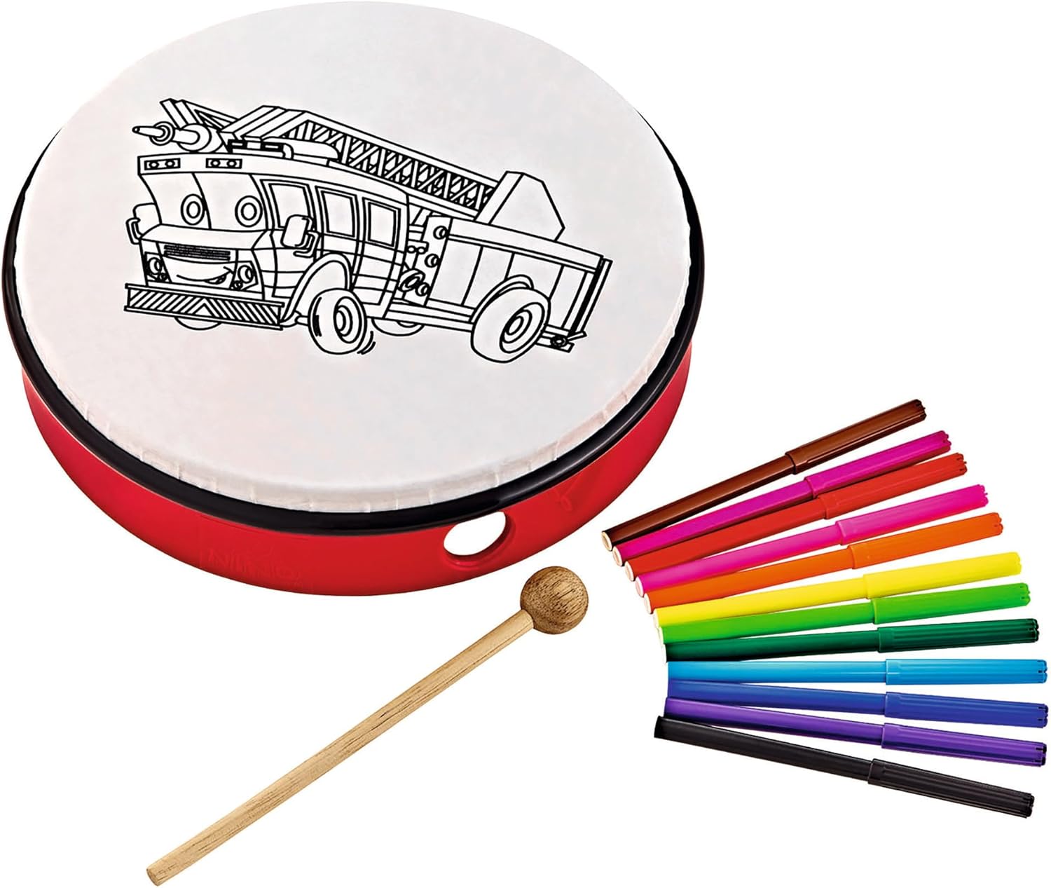 Customizable Frame Drum with Stencil Design and Markers, Fire Truck Graphic — NOT MADE IN CHINA — 10" Pre-Tuned Synthetic Head, Includes Beater