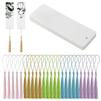 Kraft Paper Book Page Marks 25Pcs Unfinished Blank Craft Cardstock Page Marker with 25Pcs Colorful Silky Tassel for Christmas Gift Stocking Stuffer Present Tags and DIY Projects White