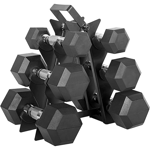 CAP Barbell & BODi Essentials Bundle - 100lb Coated Hex Dumbbell Weight Set with Vertical Rack