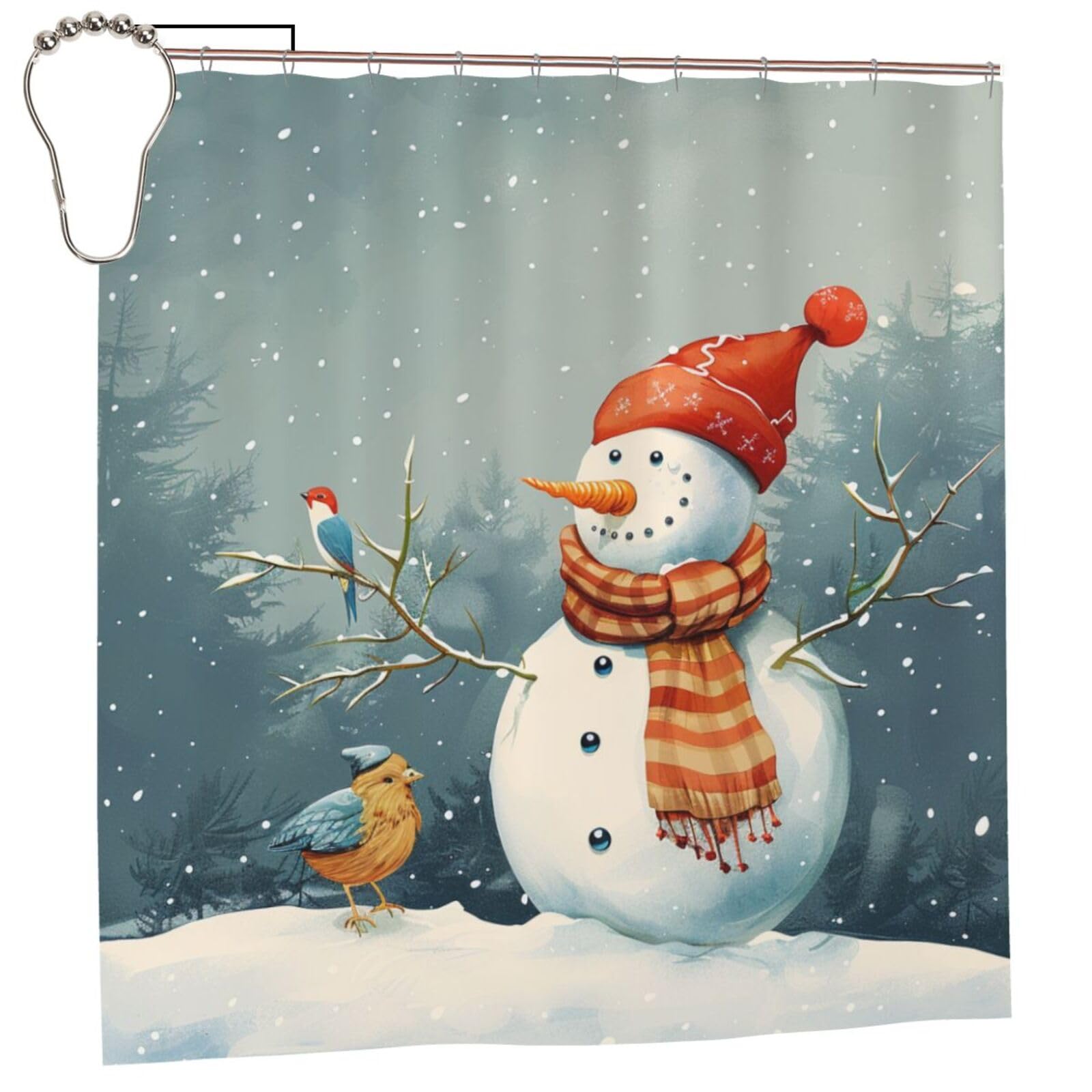 BWWHCCTI Merry Christmas Bird Printed Shower Curtain With 12 Iron Hooks Opaque Quick Drying Waterproof Shower Curtains Sets For Bathroom 183x183 CM