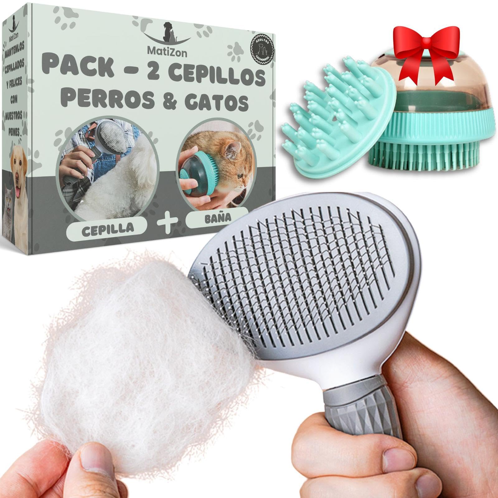 Set de Cepillos Premium para Mascotas 2 en 1 - Cepillo Desenredante Quitapelos & Cepillo de Baño con Dispensador de Jabón - Diseño Ergonómico de Cepillo para Perros y Gatos - Colores Gris y Azul