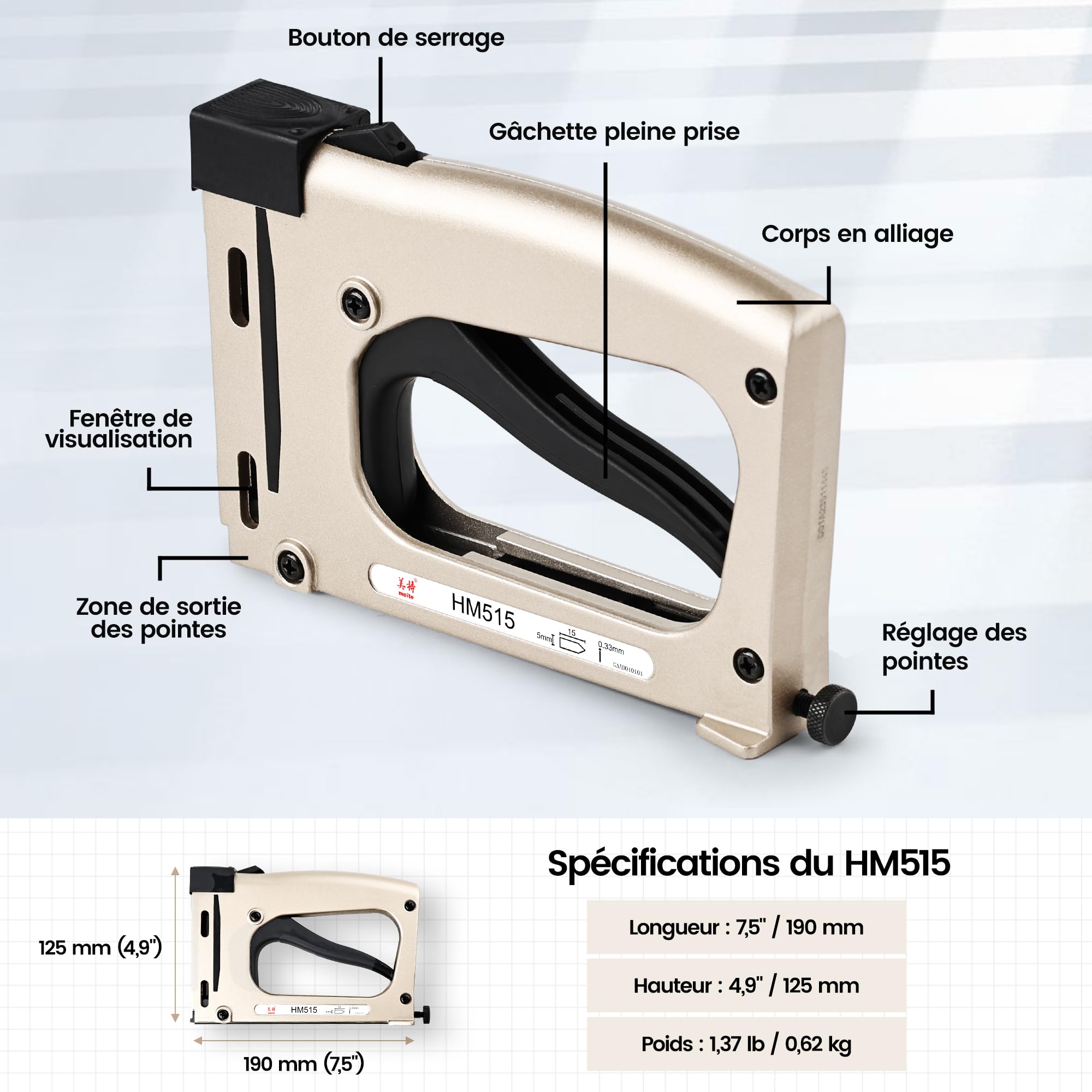 meite Pilote de Point Manuel HM515 Avec 1 000 Pointes Flexibles, Pousse-Pointes Outil de cadrage pour DIY Et Loisirs Créatifs, Cloueuse à Pointes d’encadrement Agrafeuse pour Cadres Photo