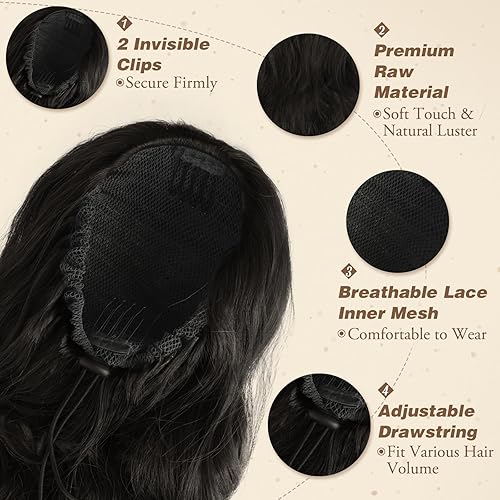 Miniatura 4 de BARSDAR Extensión de cola de caballo con cordón, 26 pulgadas, extensiones de cabello sintético negro con clip en cola de caballo, extensiones de