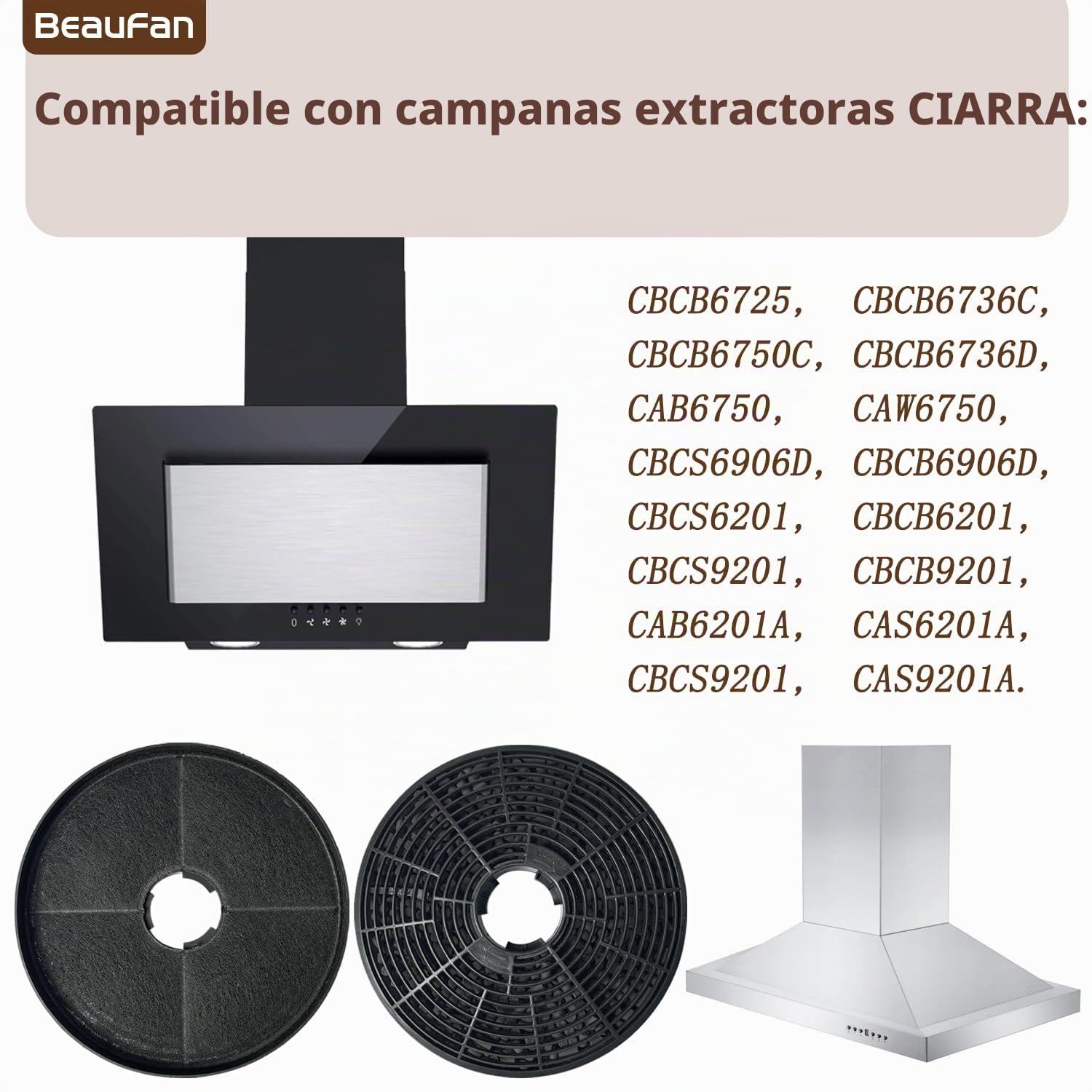 Paquete de 4 filtros de carbón activado CBCF002 compatibles con los modelos de campana extractora CIARRA CBCS6201, CBCB6201, CBCB6736C, CBCS6906D, CBCB6906D, CBCS9201, CBCB9201, CBCB6750C, CBCB6736D