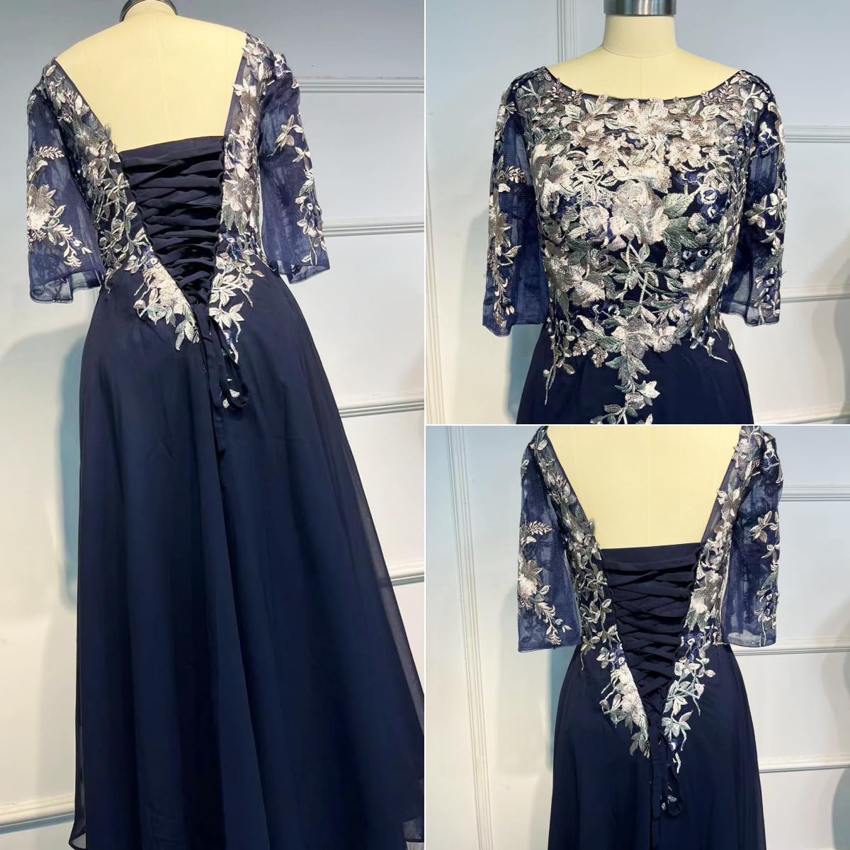 GARDOM Embroidery Midi Mother of The Bride Dresses for Wedding Tea Length Half Sleeve Lace Chiffon Formal Evening Gowns