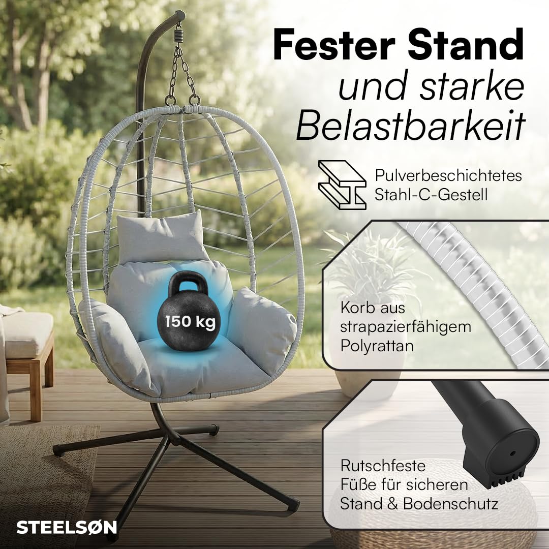 STEELSØN Alarian Hängesessel mit Gestell – Hängestuhl Rattan Outdoor & Indoor mit Kissen – Hängekorb Grau höhenverstellbar – Gartenschaukel für Erwachsene & Kinder – Hanging Chair faltbar bis 150kg